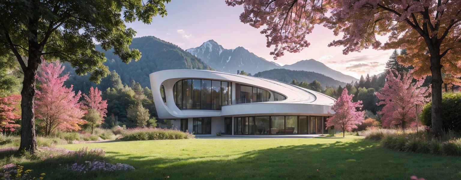 View of panoramic persperctiva, cinematic lighting, a house of futuristic modern architecture in the foreground, surrounded by forests and meadows of pink leaves, in the background there are spectacular mountains and beautiful skies