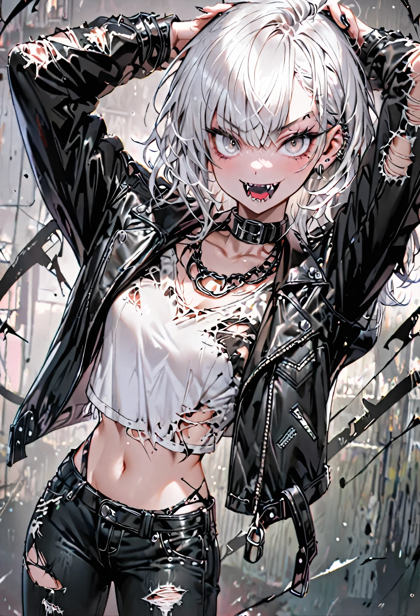 solo, female, medium shot, sfw, short messy white hair, silver eyes, tight torn black jeans, leather collar, leather jacket, bare midriff, metal fangs, piercing, small breats, fun pose, metallic nails