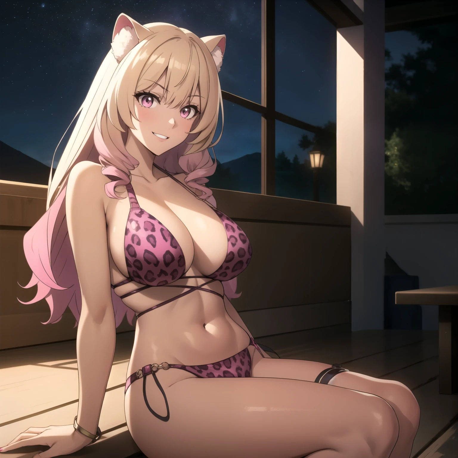 Raphtalia woman 24 years old blonde hair with pink tips , orejas de oso, ojos rosados, piel morena, piel bronceada, piel morena pechos grandes , pink leopard print bikini, sonrisa, sitting in front of the camera breasts hanging in the foreground. huge breasts hanging in front of the camera. fondo noche estrellada.