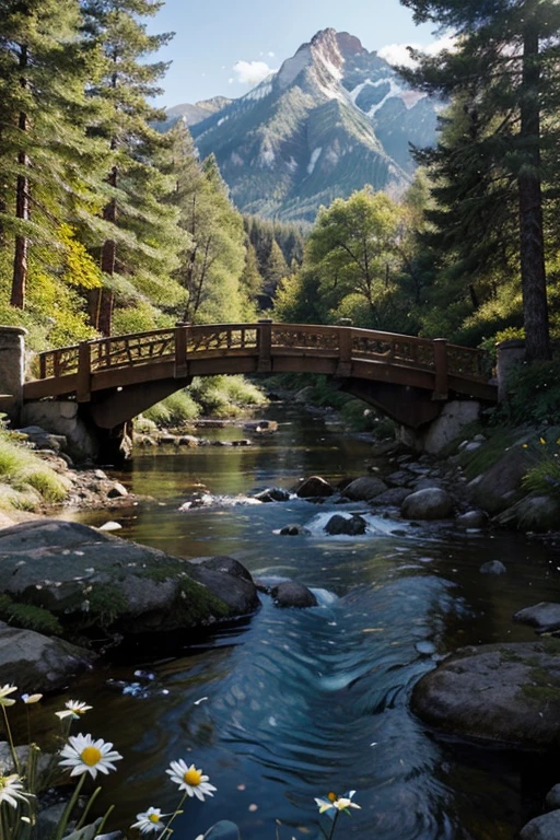 The design depicts a natural landscape, with high mountains in the background. The mountains are covered in snow, creating a beautiful contrast with the clear blue sky. At the base of the mountains is a dense forest of healthy, green pine trees. The drawing shows a stream meandering through the forest, reflecting sunlight. Over the stream, there is a small rustic wooden bridge. On the bank of the stream, there are some colorful flowers such as daisies and lilies, adding a touch of color to the scene. In the sky, some birds fly freely.