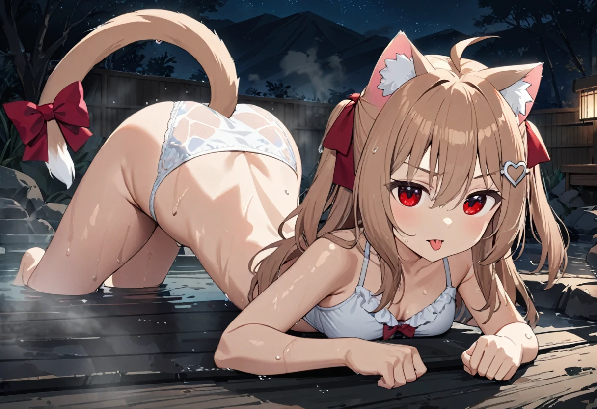 1girl, evil neuro-sama, (yuzu modoki), red eyes, light brown hair, ahoge, two side up, hair ribbon, dark red ribbon, heart hair ornament, (masterpiece, best quality), highly detailed, finely detailed, natural lighting, detailed scenery, wet, steam, outside, night, onsen, underwear, swimsuit, cat ears, cat tail, tail bow, top down bottom up, tongue out, open mouth, paw pose, looking at viewer,