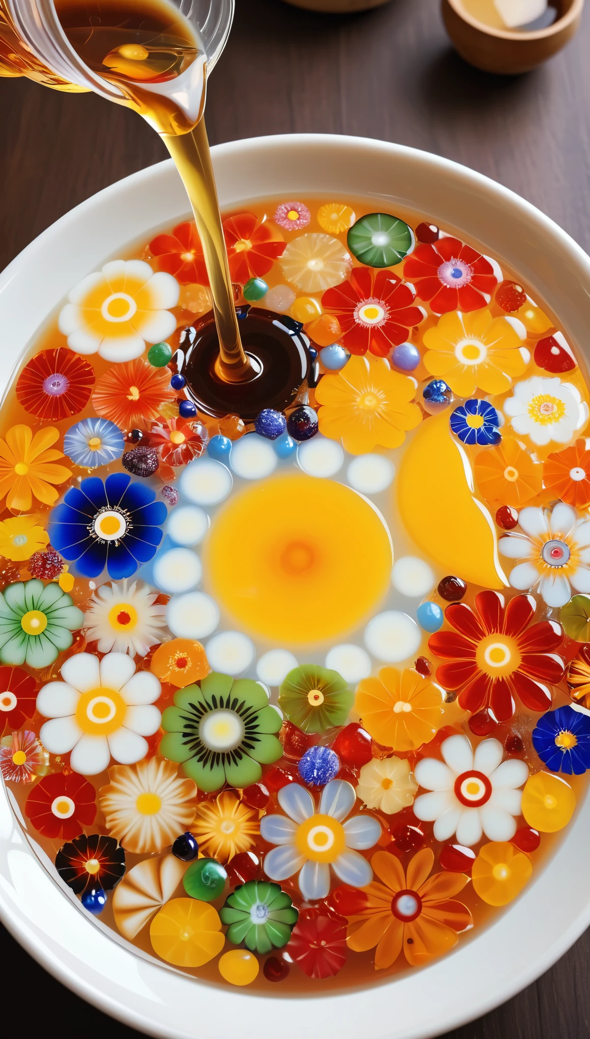 Millefiori glass style，(最好of质量, masterpiece) High resolution illustrations：一个浑身沾满粘稠天然蜂蜜of***, of, syrup, Oversized sweaters, Comfort, Comfort, close up, 细致of纹理, Aroma, Delicious feeling, Warm and delicious,