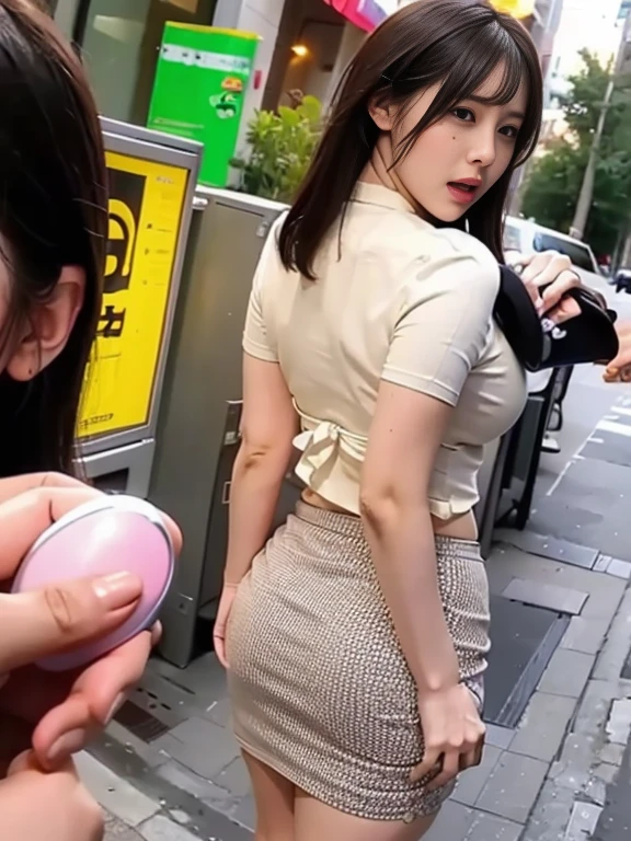 surprising,back view, turn around,look back me,she frowns,she is my sex toy,pov,beautiful busty woman in thin shirt and mini skirt,she lean back,she puts hands on crotch,a hand from out of frame that have a remote controler,she closes eyes and yawn