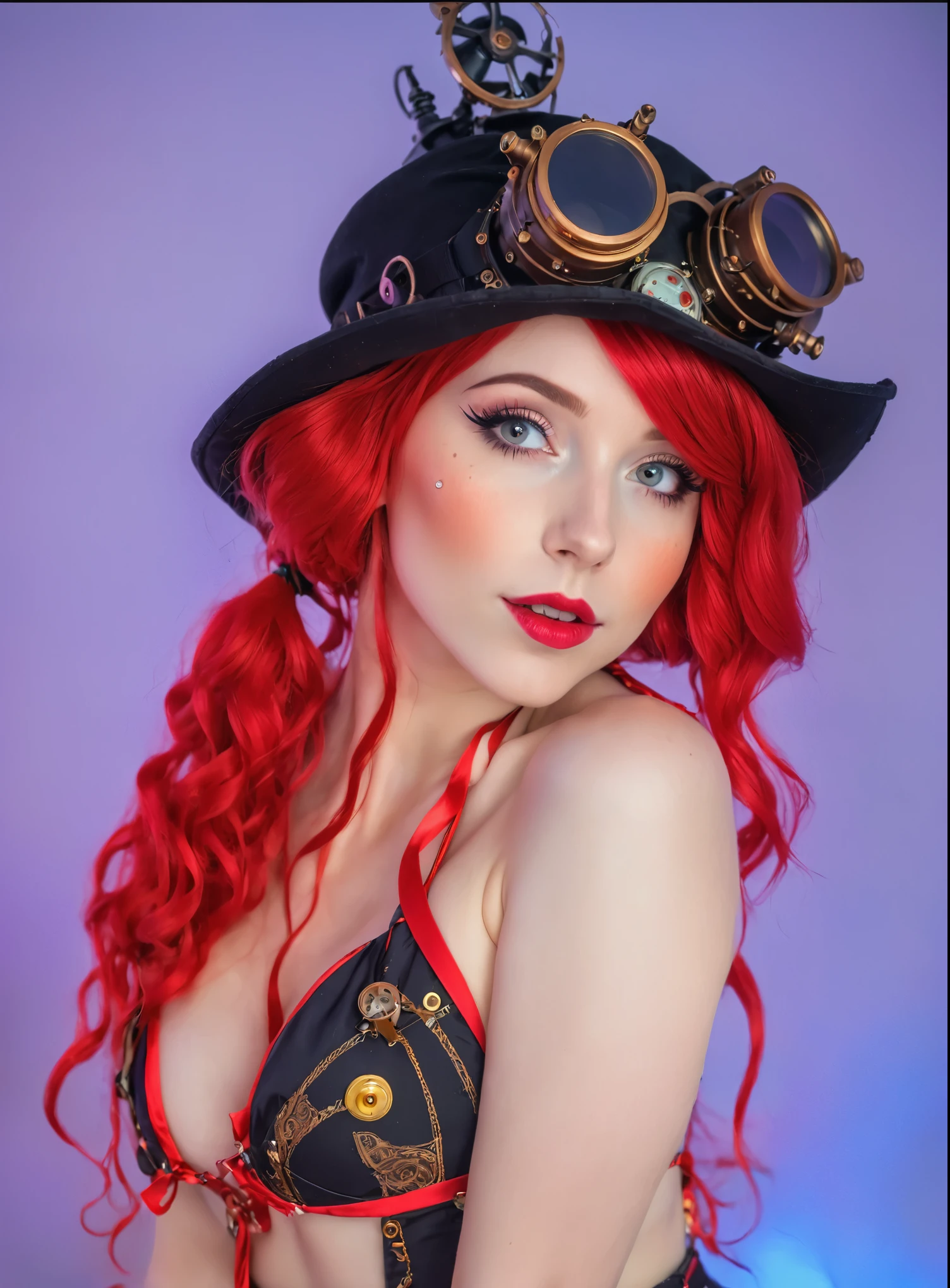 there is a woman with Rote Haare wearing a hat and glasses, amouranth, belle delphine, besser bekannt als Amouranth, Red wig, roter Hut, with Rote Haare, red-haired girl, rothaarig, with curly Rote Haare, y2k Cutecore Clowncore, glowing red, Rote Haareed goddess, steampunk girl, Rote Haare, with long Rote Haare
