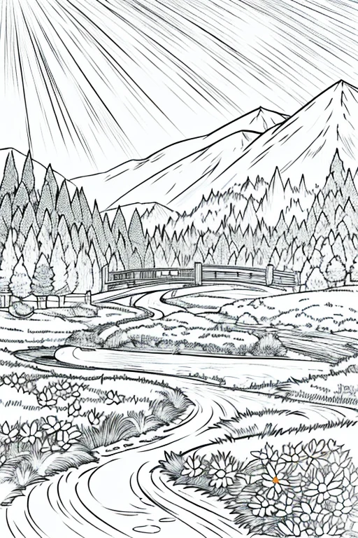 The design depicts a natural landscape, with high mountains in the background. The mountains are covered in snow, creating a beautiful contrast with the clear blue sky. At the base of the mountains is a dense forest of healthy, green pine trees. The drawing shows a stream meandering through the forest, reflecting sunlight. Over the stream, there is a small rustic wooden bridge. On the bank of the stream, there are some colorful flowers such as daisies and lilies, adding a touch of color to the scene. In the sky, some birds fly freely.