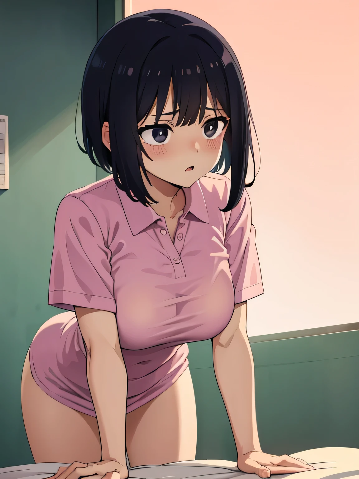 1. Beautiful girl in a pink polo shirt, short hair, Large Breasts, Embarrassing, Beautiful fingers, Shyness, worries, Black Hair, No underwear, Bending over Black eyes Hospital Beautiful Cute High quality Short sleeves No bra, drool, on all fours, naked