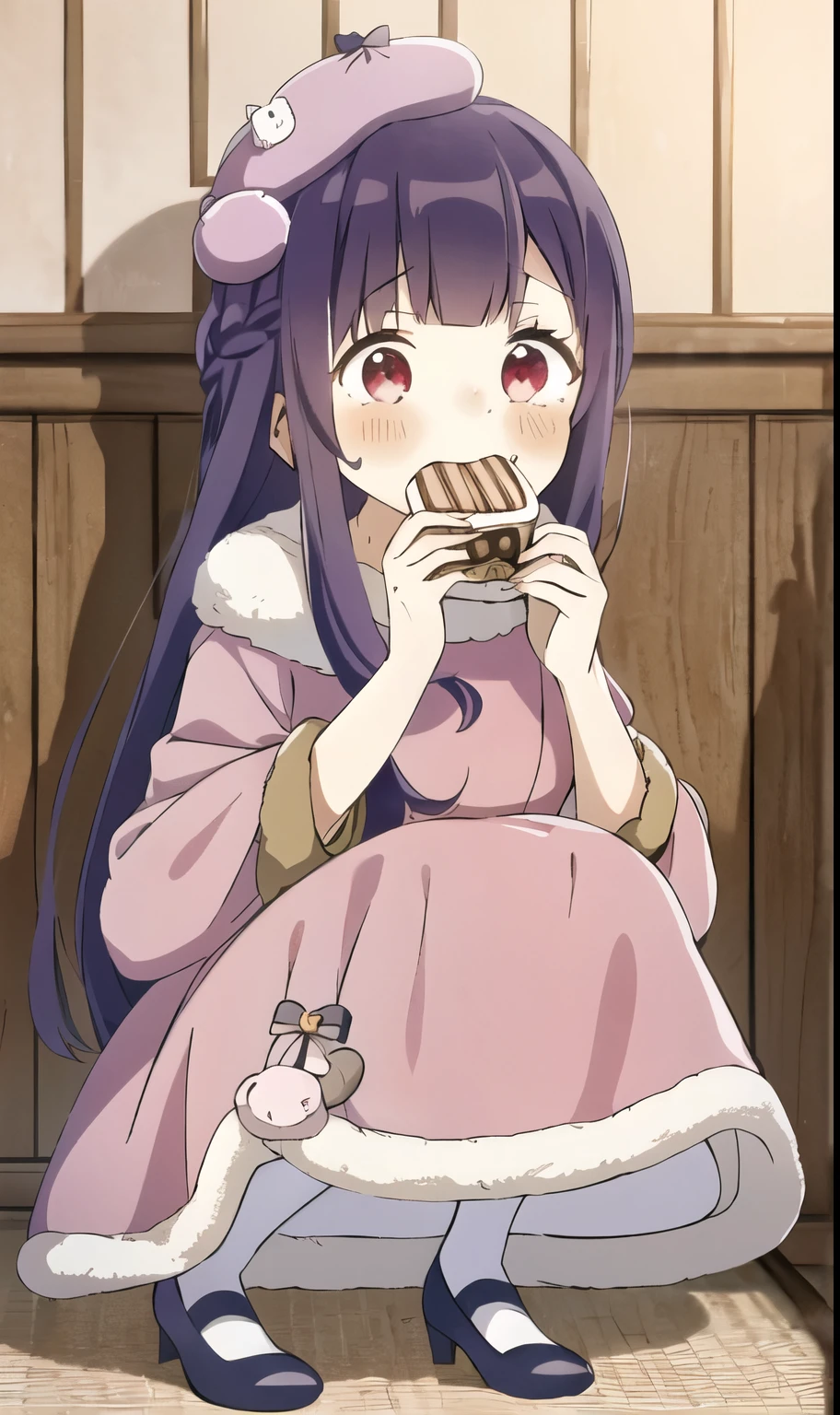 masterpiece, best quality, (1girl), (()), long hair, straight hair, bangs, dark purple hair, crimson red eyes, ((eating sweets)), ((sweet tooth)), reincarnation, symbolization, coquette clothing, coquette, hime-style, (hime haircut), ((fur dress)), light pink dress, ((fur hat)), ((fur)), ((Mary Jane shoes)), thigh high socks, jewelry, Japanese,