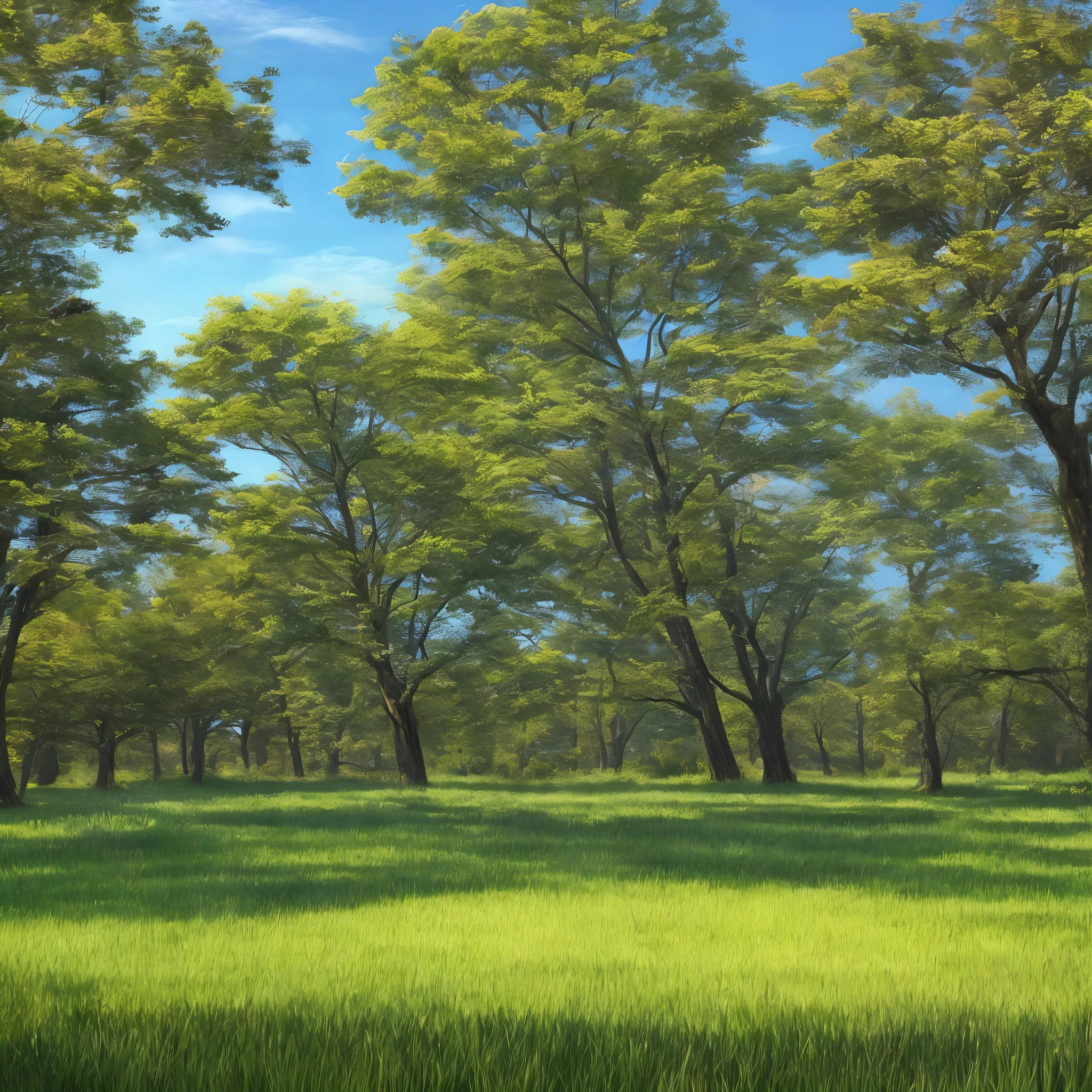 A tree on the right side of the vast green grassland with a soft sunny sky