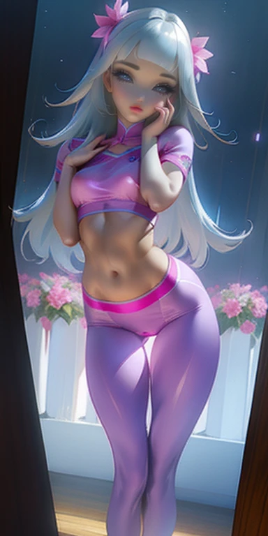 1 girl, Gray Hair, iris, Shining Eyes, Baby pink sports bra, baby pink leggings, 美しいsmile､Realistic, blush, night, Flowers, sun, sunlight, masterpiece, 最high quality, high quality, high qualityの美しい胸, Long legs, Thighs, Slim figure, baby pink 全て, All fascinating、(((Captivating eyes、smile)))