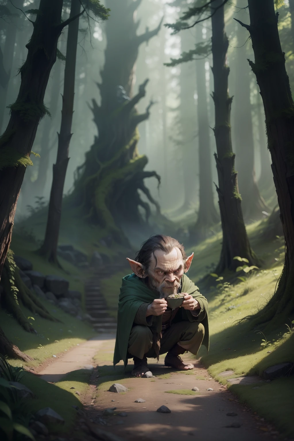 Smeagol from "The Lord of the Rings," as he wanders around the Shire, carries the infamous burden of the One Ring in his tiny, gnarled hands. His green, shrunken features contrast starkly with the lush green landscape of the peaceful realm. His clothes, tattered and worn, betray his humble origins and the hardships he has endured. In his eyes, there is a hint of cunning and a deep-rooted desire to possess the Ring once more. Smeagol's short, squat stature is no match for the towering trees and rolling hills that surround him, but he presses on relentlessly in his twisted pursuit. The evident