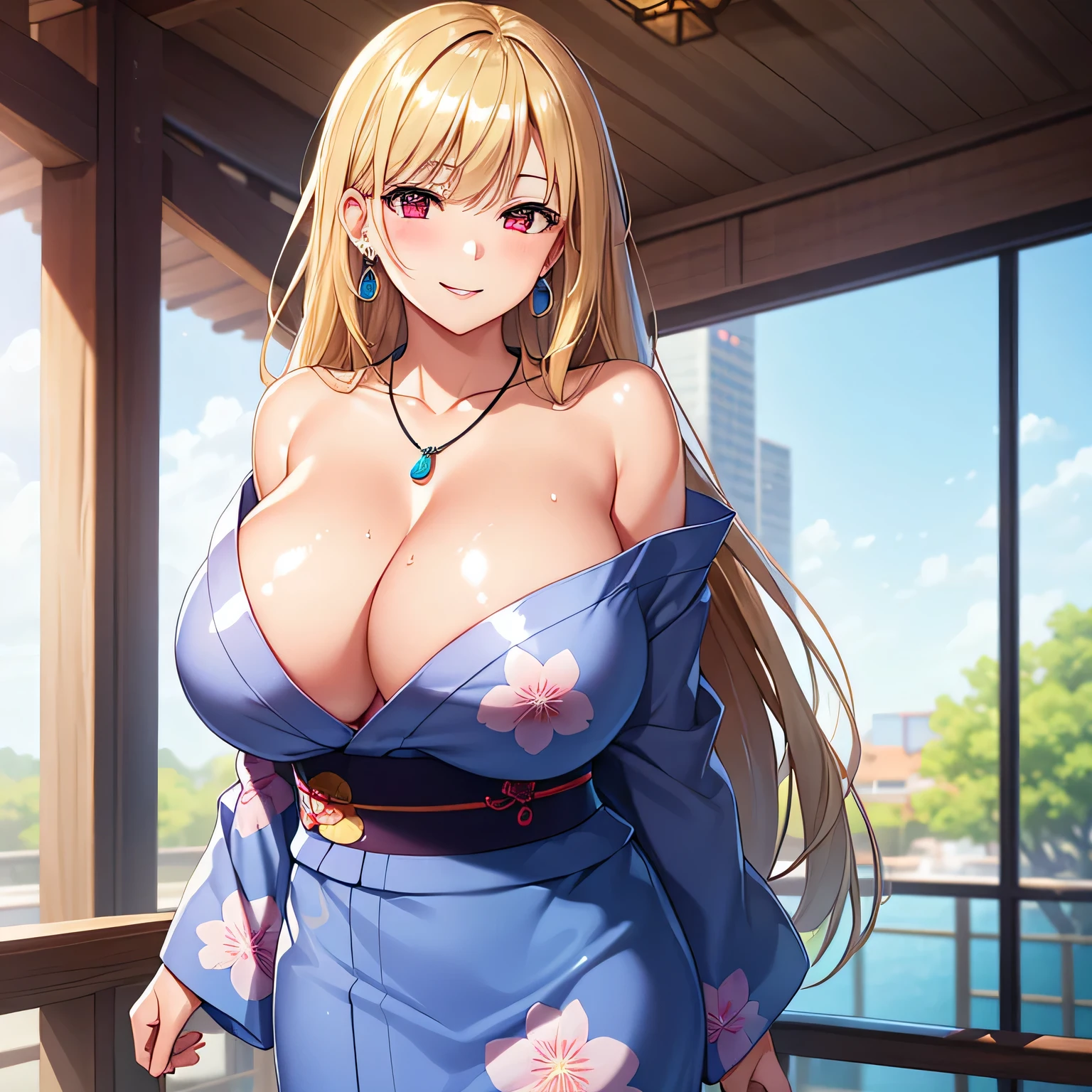 (masterpiece, highest quality:1.2),(Shiny skin:1.6), Upper Body, Detailed cloth texture, Detailed hair texture, One girl, alone, 17 year old girl sexy pose, Long eyelashes, Lips parted, shining pink lips, Red eyes, (The body is slim:1.1), (Beautiful blonde long hair:1.2), (Huge breasts:1.3), Floating Hair, (bangs), (yukata,Small yukata), (Cleavage), (necklace, Earrings), smile, Blushing, View your viewers, (Cowboy Shot:1.5), Hotel Rooms,