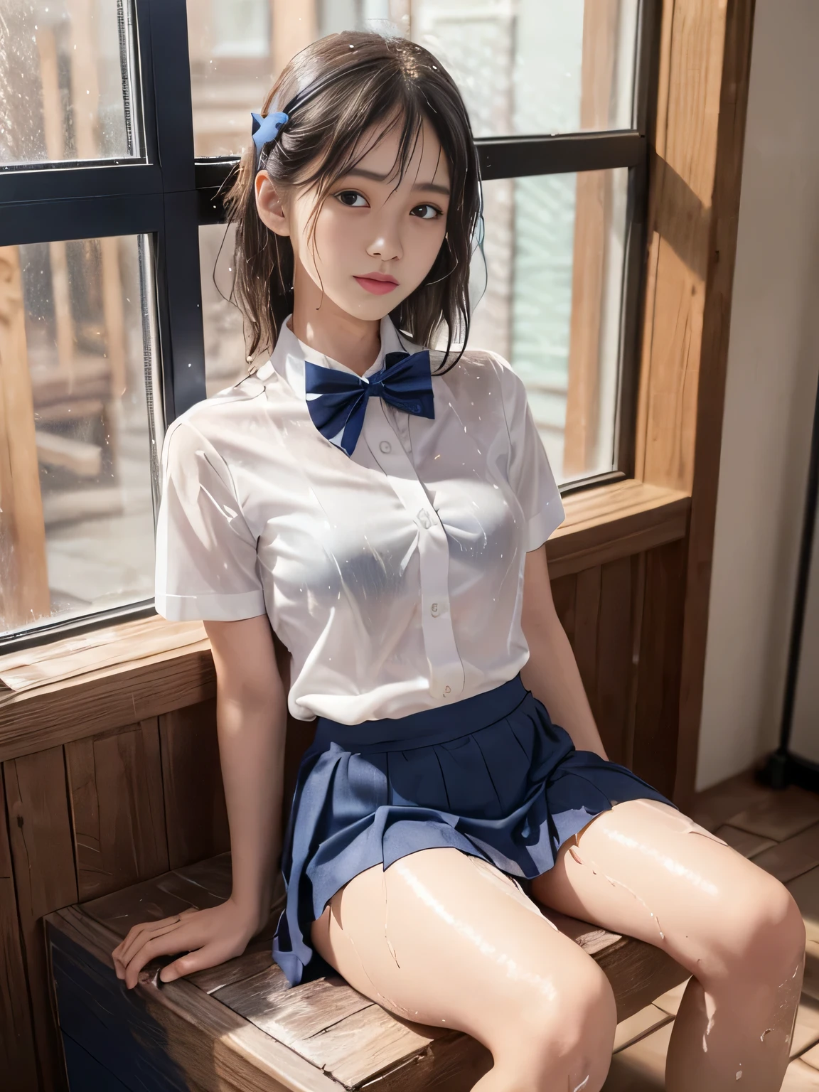 Very detailed CG Unity 8k wallpaper、highest quality、Very detailed、masterpiece、Realistic、Photorealistic、Very detailedなかわいい女の子、18-year-old、(High school students in Japanese uniforms)、((Shooting from the front:1.4))、((Dark blue bow tie:1.4))、((Sitting in a wooden box:1.4))、blush、Cleft lip、Looking at the audience、Semi Body Shot、(A room in a love hotel)、(Japan High School Designated Shoes)、(Navy blue short pleated skirt lift:1.5)、(short sleeve white shirt for students)、 (Dark blue bow tie:1.2)、(Light brown long hair)、(Beautiful Face:1.3)、(Perfect Proportions:1.2)、(Long legs:1.2)、(Small breasts:1.3)、((White panties:1.4))、((Blouse wet in the rain、The brush is transparent))、(Bra is sheer)、(((Wet Hair、Wet Skin)))、((Upper Body))、((Rain outside the window:1.4))、