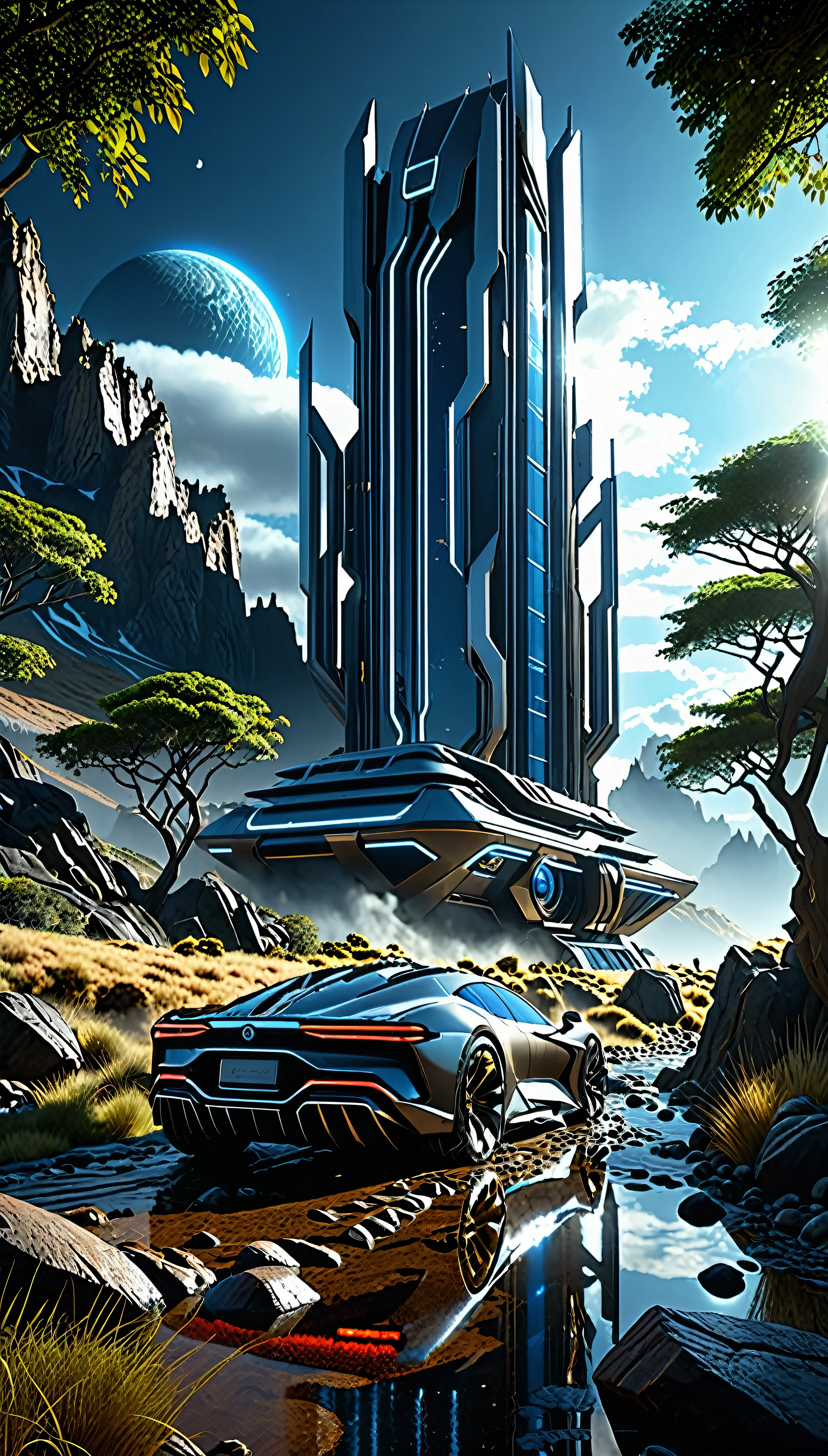 A stunning concept art piece depicting a traditional landscape in 8K resolution、It boasts super cool and ultra realistic sci-fi elements.。The images are filled with dramatic and atmospheric lighting.、Light rays trace ultra-detailed 3D environments。This scene、Dark shadows to highlight the ultra-detailed features that are trending in 4K Ultra HD ArtStation、Creates cinematic lighting effects。The central focus is、The design emphasizes the futuristic machinery placed in a rustic landscape.、Adds attractive contrast to the image。Unrealistic Engine 5 rendering、Enhance your visual experience、This really makes this a masterpiece.。