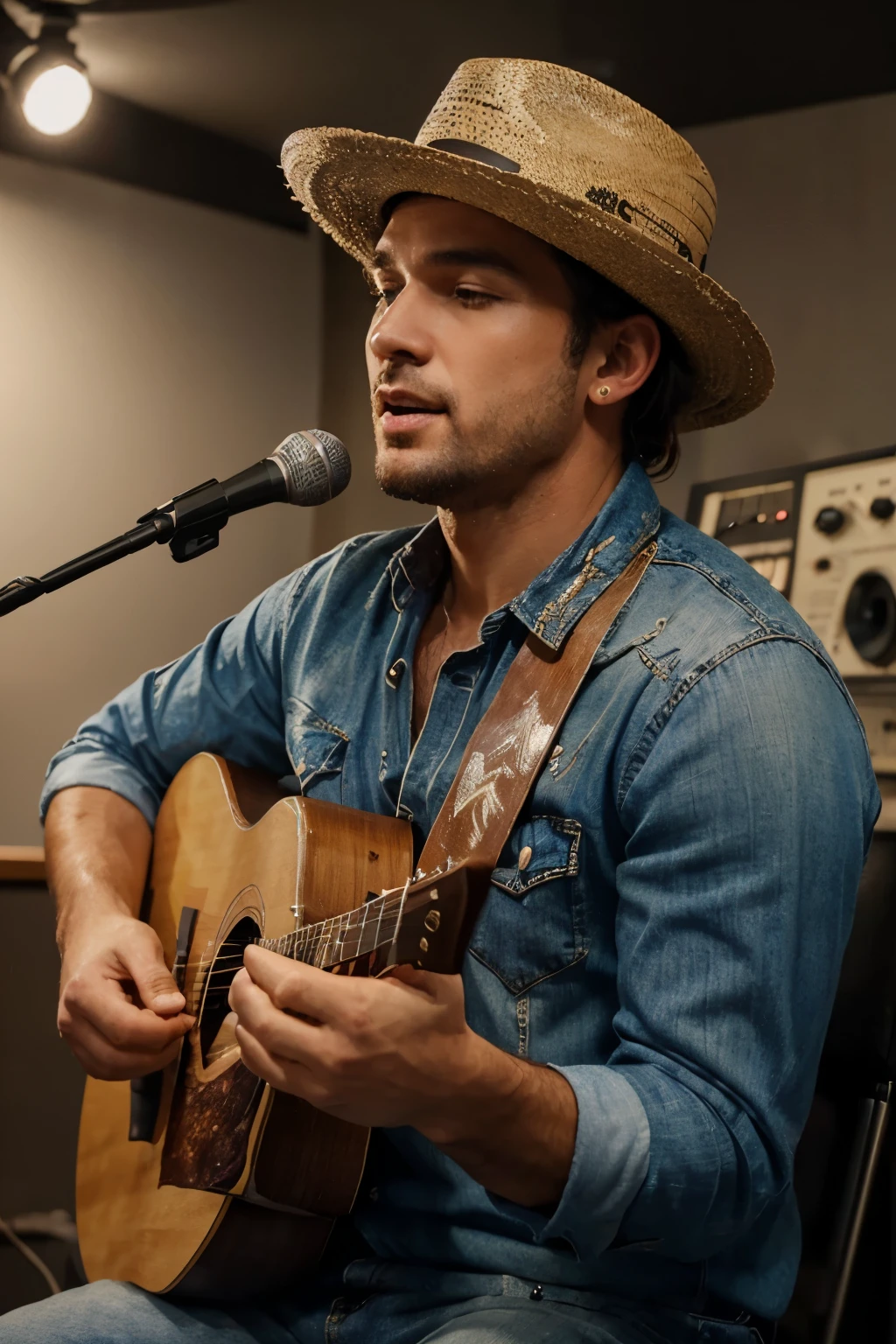 man in a country singer hat singing in a recording studio ((melhor qualidade)), ((obra de arte)), (detalhado), rosto perfeito