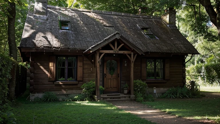 An old cottage surrounded by lush trees, with mysterious shadows around it.