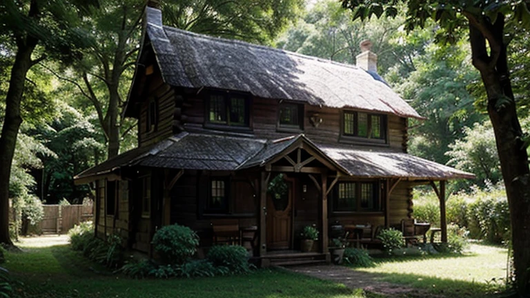 An old cottage surrounded by lush trees, with mysterious shadows around it.
