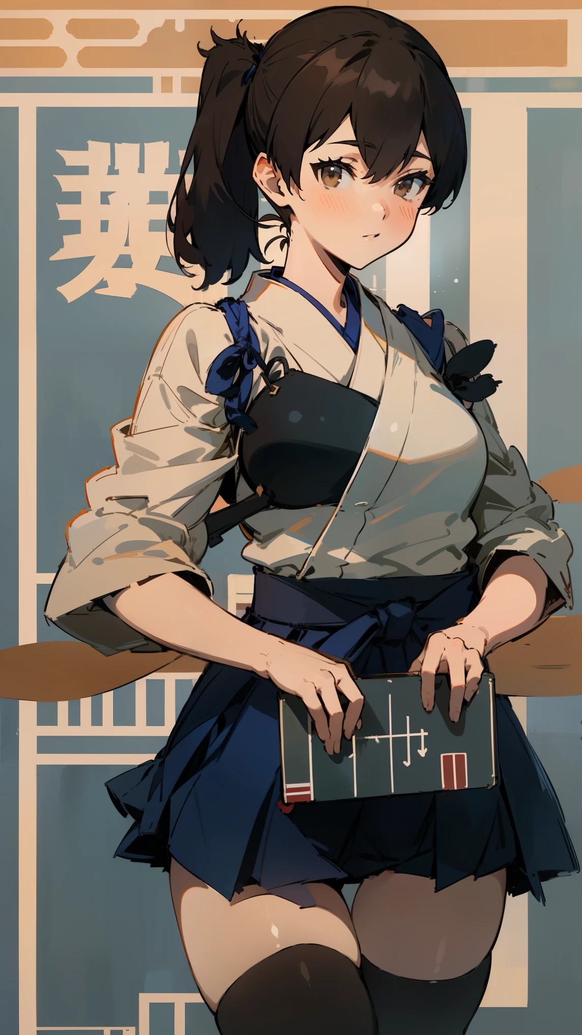 (masterpiece, highest quality) detailed, kaga (kancolle), {{kaga kai ni (kancolle)}}, side ponytail, brown eyes, black long hair, black thighhighs, short skirt, hakama skirt, japanese clothes, , blue hakama, hakama, muneate, tasuki, whole body,Chinese element pattern,thigh,nsfw
