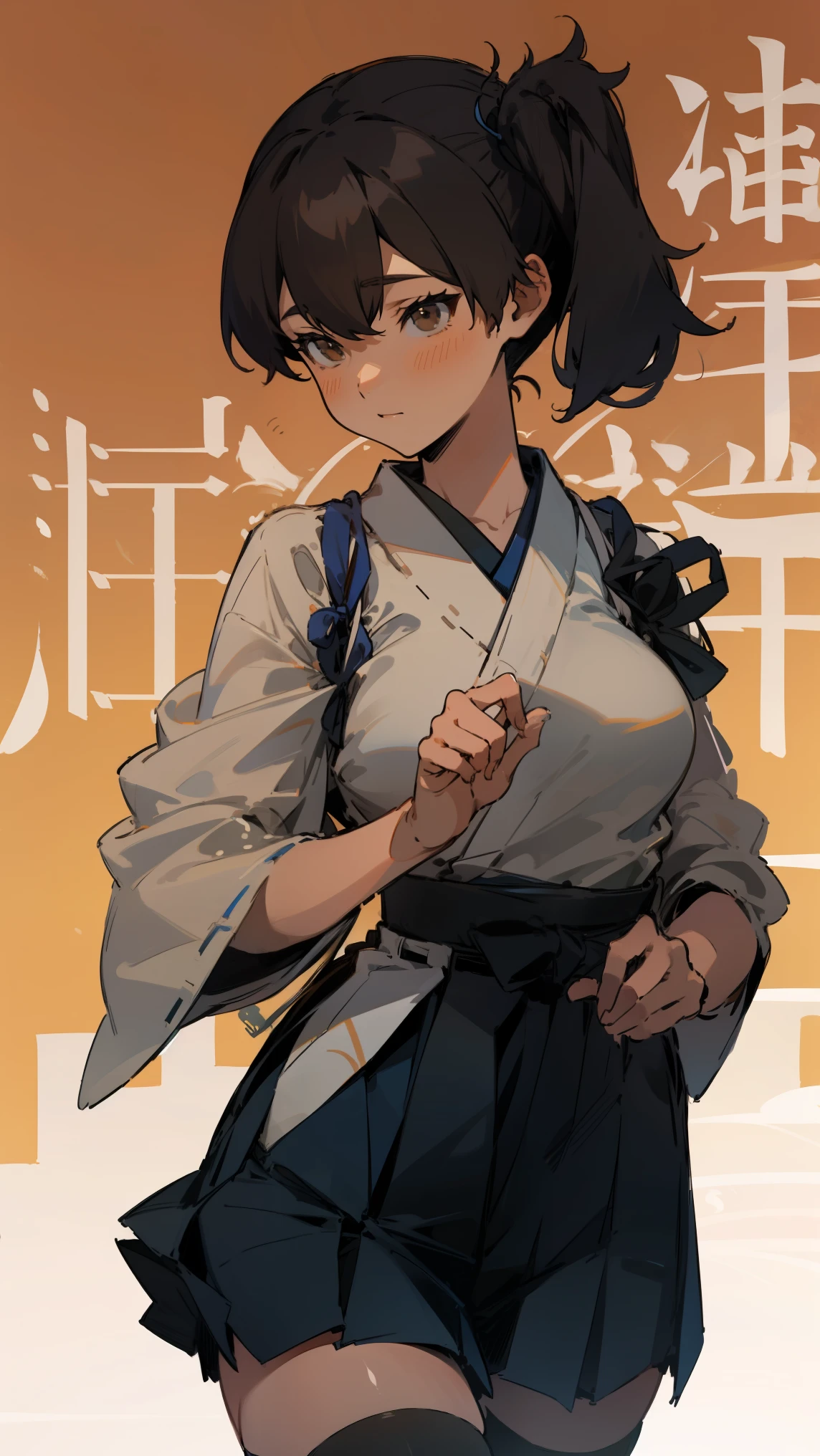 (masterpiece, highest quality) detailed, kaga (kancolle), {{kaga kai ni (kancolle)}}, side ponytail, brown eyes, black long hair, black thighhighs, short skirt, hakama skirt, japanese clothes, , blue hakama, hakama, muneate, tasuki, whole body,Chinese element pattern，thigh，Japanese bow, bow, nsfw