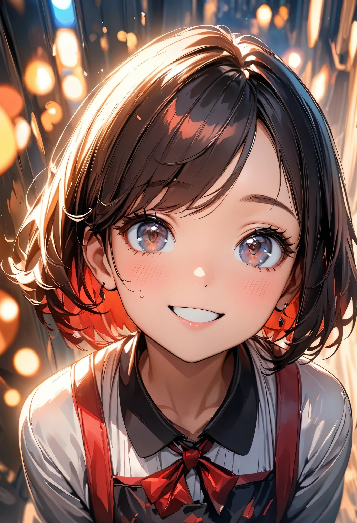 (highest quality:1.2, Very detailed, up to date, Vibrant, masterpiece:1.2, highest quality, Best aesthetics), (((1 girl))),Sweet smile, Moist eyes, Red cheeks, Leaking sigh, Portrait of a beautiful girl, Looking up, Composition from above, Gentle lighting, Shallow depth of field, Bokeh:1.2, Soft brush strokes, Oil painting style,