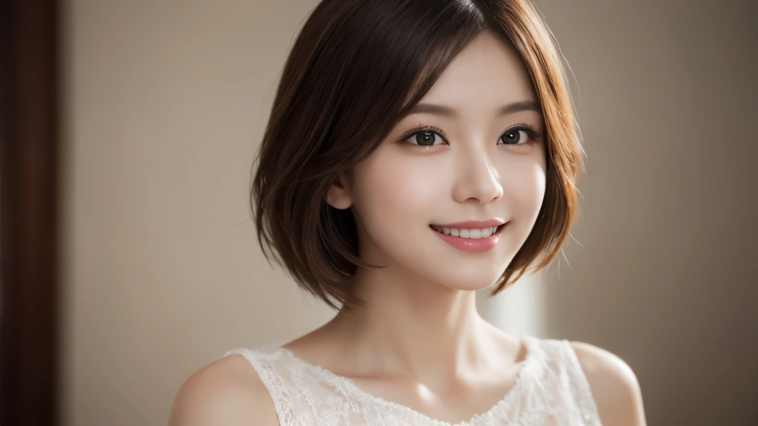 One Girl, (Dress in trendy fashion:1.2), (RAW Photos, highest quality), (Realistic, Photorealistic:1.4), Tabletop, Very delicate and beautiful, Very detailed, 2k wallpaper, wonderful, In detail, Very detailedな CG Unity 8K 壁紙, Very detailedな, High resolution, Soft Light, Beautiful detailed girl, looking at the camera、Very detailedな目と顔, Beautifully detailed nose, Beautiful fine details, short hair, small, White clothes、White background、Background is white、Cinema Lighting, Perfect Anatomy, Slender body, smile,