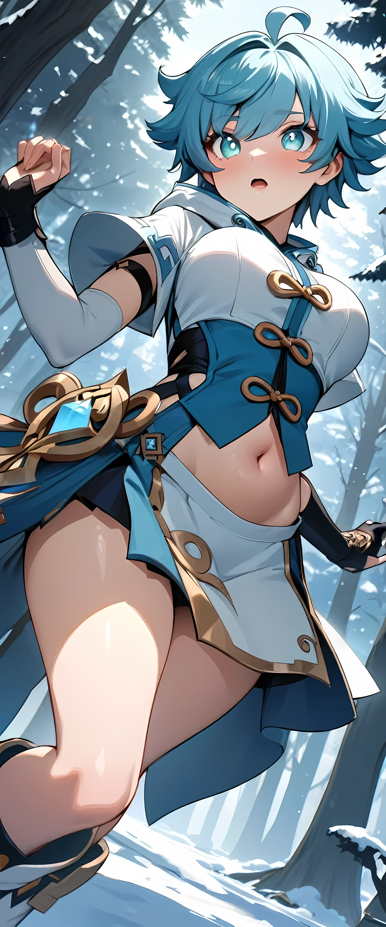 (masterpiece), best quality, expressive eyes, perfect face,1girl,chongyun,genshin impact,winter forest,cowboy shot,big breasts,24-year old girl,navel,dynamic angle,long boots,skirt,magical girl