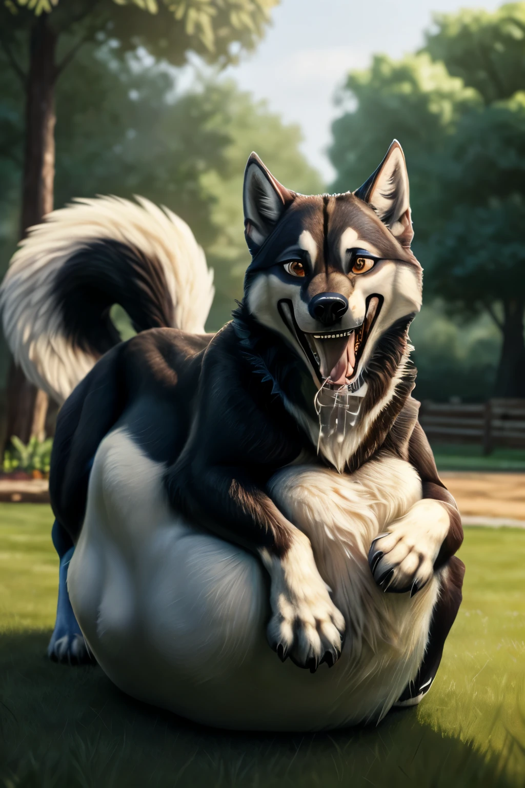 solo, high resolution, detailed, digital media \(artwork\), detailed fur, spittle, quadruped, (feral), (((big belly))), rumbling stomach, ((detailed background)), a backyard party, ((vore)), (black fur), male, (standing), fluffy, furry, ((husky)), (intricate, high detail, film photography, soft focus, RAW candid cinema, photorealism, realistic, photorealistic, analog style, subsurface scattering, masterpiece, best quality, ultra-realistic, 8k), brown eyes, open mouth, burping, (beautiful detailed eyes :1.2), borpbod, sharp teeth, burp cloud, cloud emanata, pleased, (panting), resting, looking at viewer, ((lying)), (on side), skeleton on the ground,