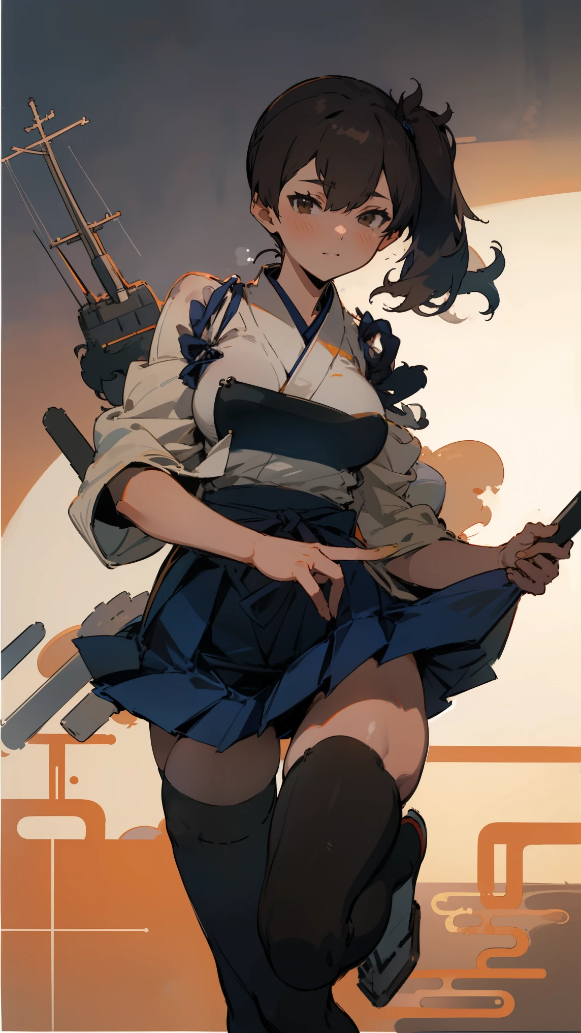 (masterpiece, highest quality) detailed, kaga (kancolle), {{kaga kai ni (kancolle)}}, side ponytail, brown eyes, black long hair, black thighhighs, short skirt, hakama skirt, japanese clothes, , blue hakama, hakama, muneate, tasuki, whole body,Chinese element pattern，thigh，nsfw