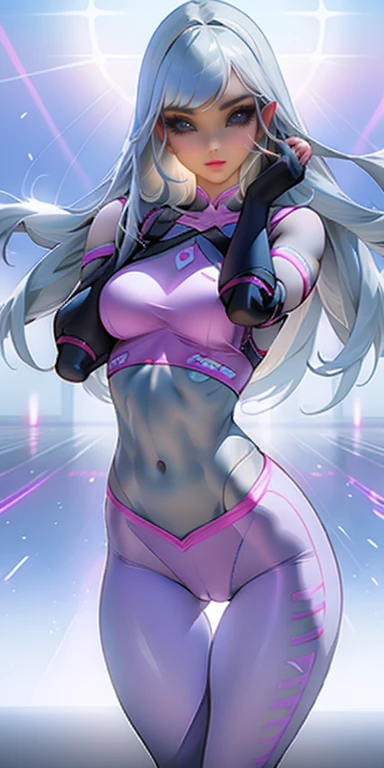 1 girl, Gray Hair, iris, Shining Eyes, Baby pink sports bra, baby pink leggings, 美しいsmile、Realistic, blush, night, Flowers, sun, sunlight, masterpiece, 最high quality, high quality, high qualityの美しい胸, Long legs, Thighs, Slim figure, baby pink 全て, All fascinating、(((Captivating eyes、smile)))