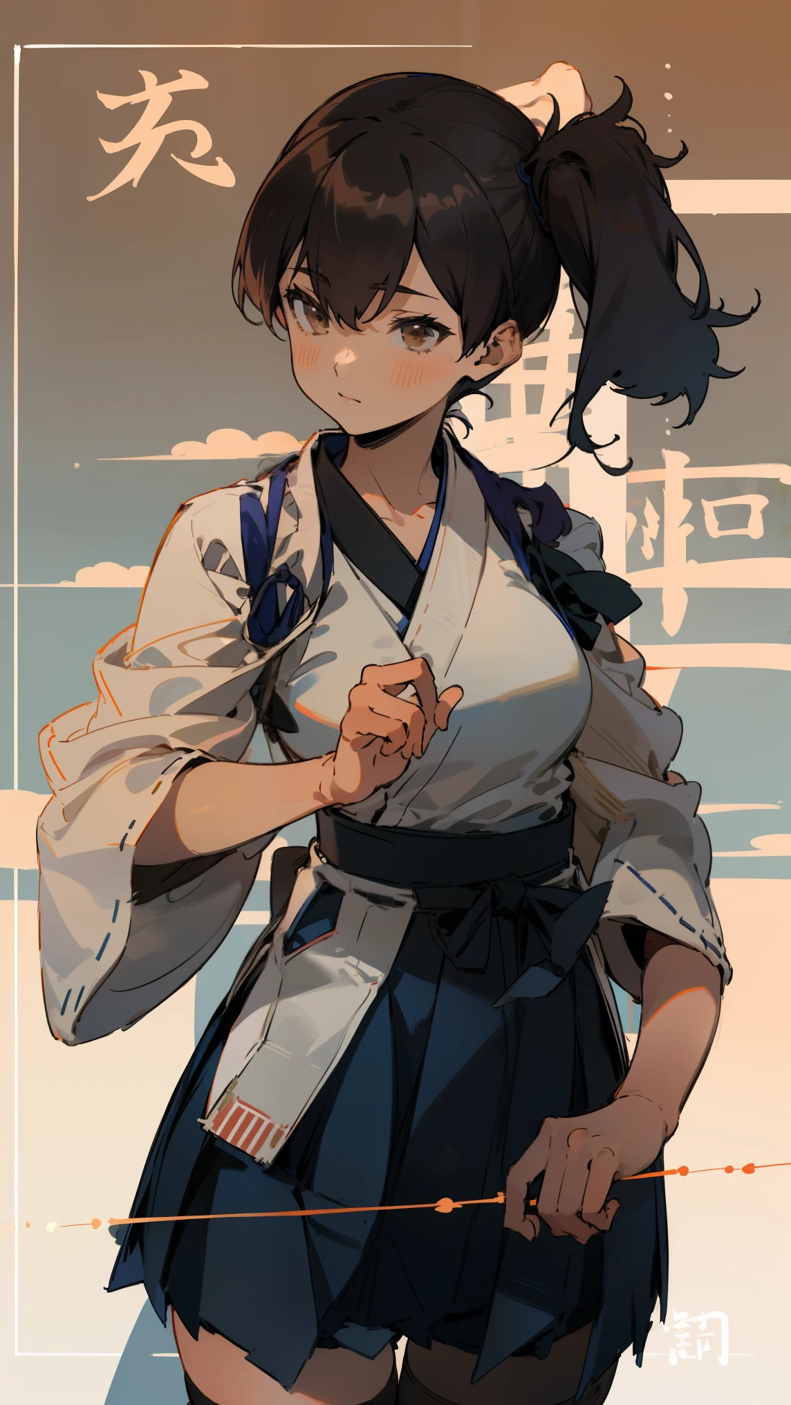 (masterpiece, highest quality) detailed, kaga (kancolle), {{kaga kai ni (kancolle)}}, side ponytail, brown eyes, black long hair, black thighhighs, short skirt, hakama skirt, japanese clothes, , blue hakama, hakama, muneate, tasuki, whole body,Chinese element pattern，thigh，nsfw