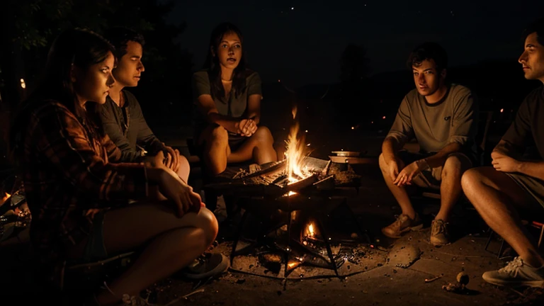 A group of five people gathered around a campfire at night, with anxious and tense expressions on their faces