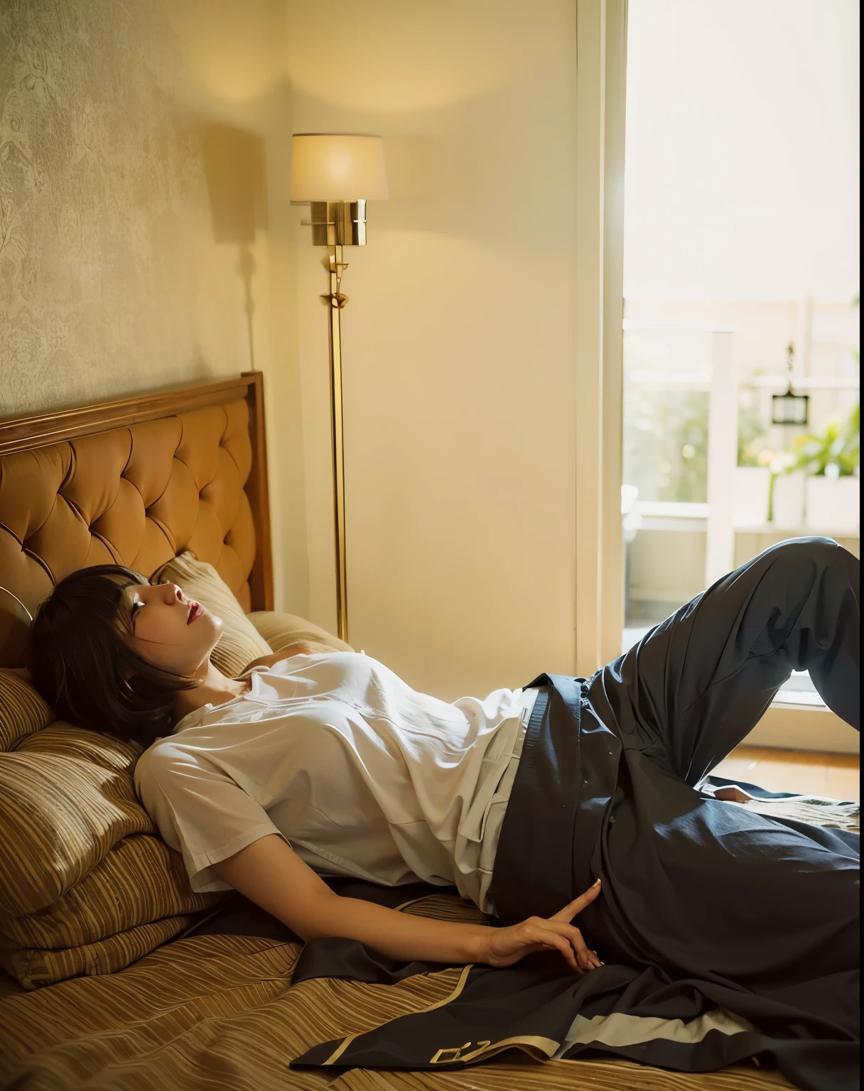 (Best quality, 8k, 32k, Masterpiece, UHD:1.2) "Generate a captivating artwork featuring a young Japanese girl model with short, sleek black hair styled in a chic bob haircut. Envision her bathed in dramatic cinematic lighting, creating an atmosphere of allure and mystery. Emphasize a romantic aesthetic vibe, showcasing the model in a poised and elegant pose that evokes a sense of intimacy and sophistication. Utilize warm and soft tones to enhance the romantic ambiance, and consider incorporating elements like flowing fabrics or flowers to add a touch of ethereal beauty. Capture the essence of romance and beauty through the model's expression, the play of light and shadows, and the overall aesthetic, creating a visually compelling and emotionally resonant piece." (perfect eyes), flawless skin, flawless face, cinematic, tight body, ((well-proportion female hands)), ((female hands with five digits)) ((Body is well proportioned)), ((chic bob haircut)), soft focus ((Short Black Hair)), ((dog))