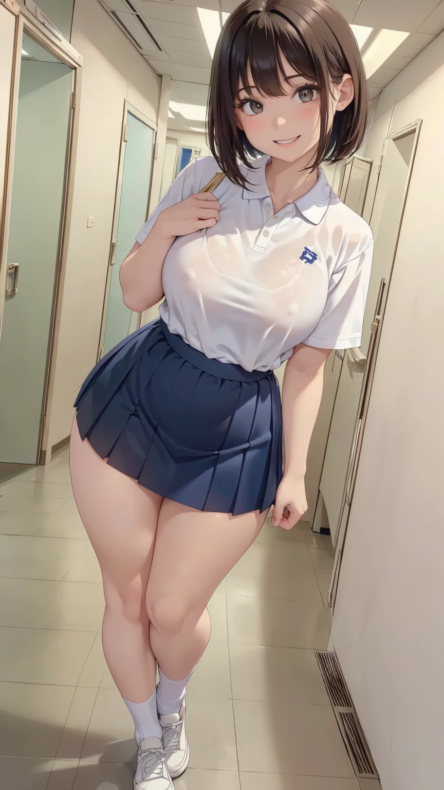 (masterpiece,highest quality,High resolution,Realistic,photograph:1.2),(One high school girl:1.2), (((White polo shirt), Navy blue pleated skirt), (White sneakers), White socks),(Smiling with some teeth showing and eyes narrowed:1.3),(Brown hair bob cut, Natural Makeup, Eyelash extensions, Make your eyelashes thinner and longer:1.3), (A girl who is shorter than the viewer walking next to her:1.3), (clothing that fits:1.2), (School corridor:1.3)