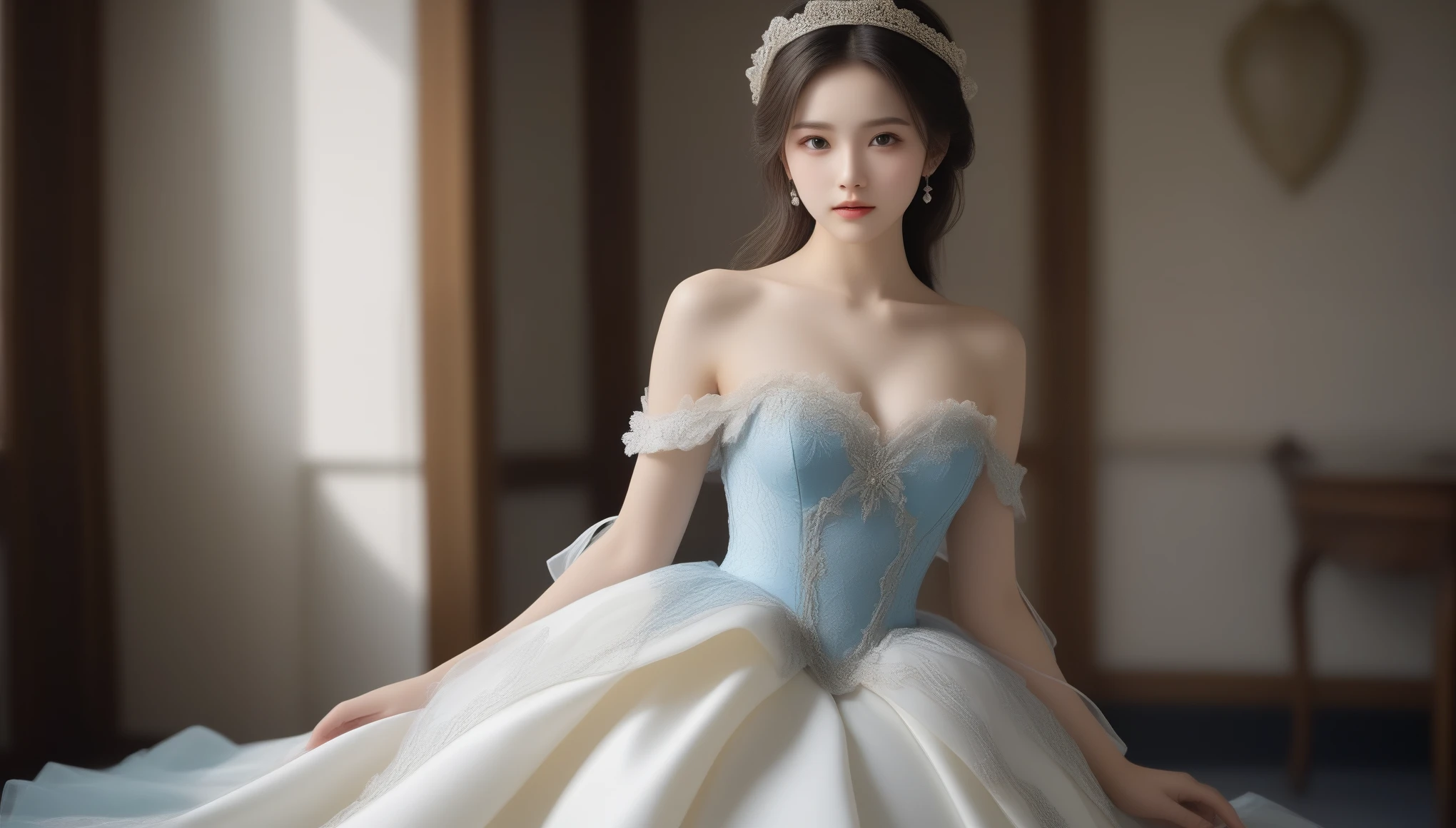 8K, Ultra-high resolution, highest quality, masterpiece, Surreal, photograph, 1 girl, (16 years old:1.3), pretty girl, Cute face, Beautiful eyes in every detail,masterpiece, highest quality, Tabletop, best definition, artwork, 非常にdetailed, 多くのdetailed, detailed, detailed, one princess, whole body, whole body, Gorgeous Ball Gowns, 超detailedなゴージャスなドレス,Gorgeous long dress,Frillsたっぷりのゴージャスなドレス,Gorgeous dress with lots of ribbons,Gorgeous rococo dresses, detailed gorgeous rococo dresses,Gorgeous rococo dress with ribbon,Frills, Perfect Skin, Pencil Skirt,Beautiful feet,High heels,Bobcut,((A cup small breasts)),whole body,((Spread your thighs))、Sexy pose、See through 、Look at the audience、beauty,Long neck、Smile a little、Please close your mouth and laugh、(((Ideal body proportions))),A cup small breasts :2,、Portraiture:2、Perfect Anatomy、Vivid details、detailed、Surreal、Light and shadow,Strong light,Fashion magazine cover,Thin lips