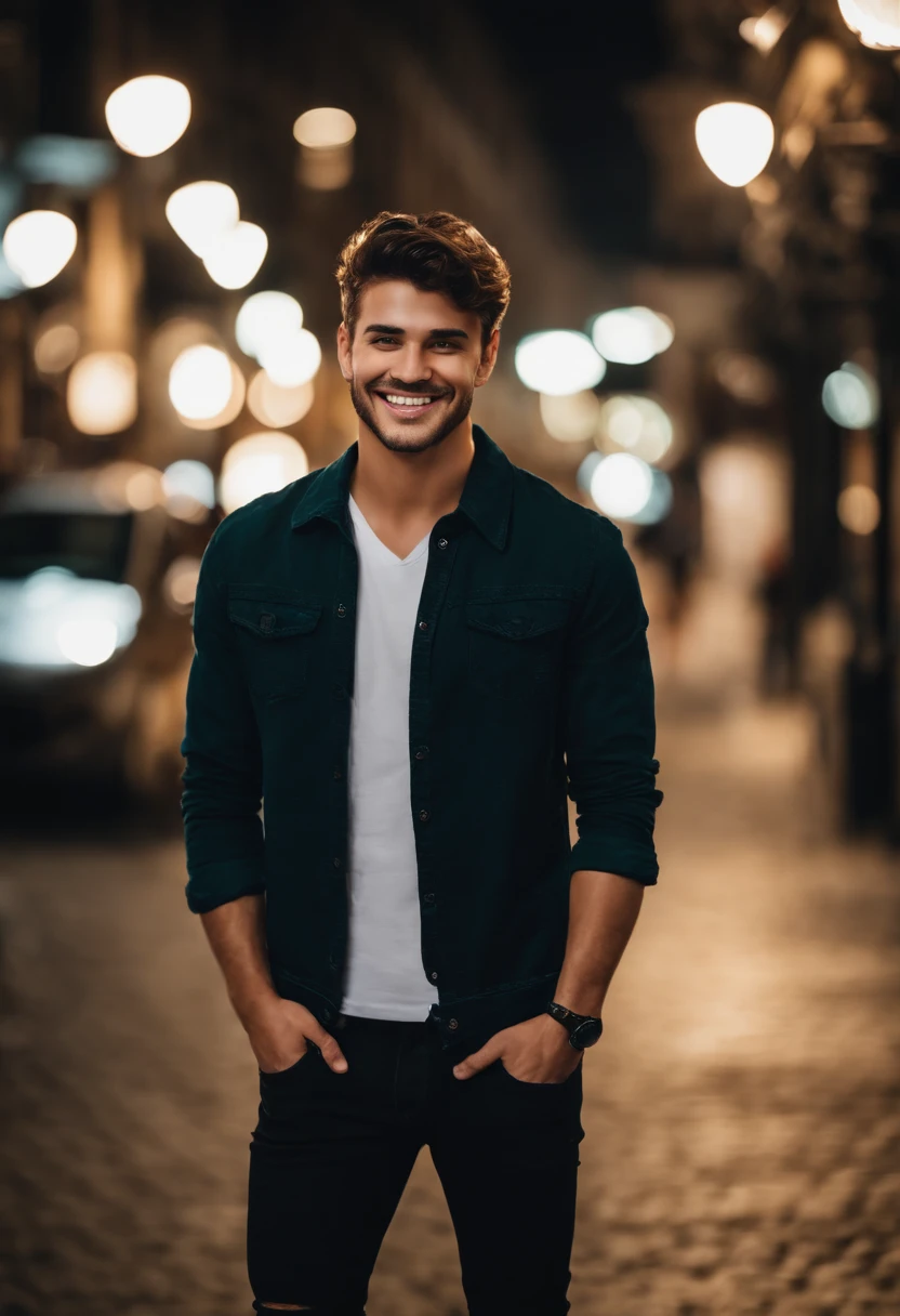 a brazilian male highlights wearing a casual clothes smiling, young man with beautiful face, 22 years old, handsome attractive face, smiling male, attractive male, attractive man, attractive young man, beautiful young man, portrait of beautiful young man, perfect handsome face, hazel eyes, handsome young man, lean man with light white skin, beautiful male face, handsome male, smiling man, cute young man Casual clothes, A hyper-realistic, Smiling expression, night city hiquality, smiley, smiley, smiley, photography_\(ultra\), Realistic, Post-processing, maximum details, real life, ultra realistic, Photorealism, photography, 8k UHD, brown hair, fullbody, brown hair, very short hair, smile, light smile, very short hair, aqua eyes, best quality 
