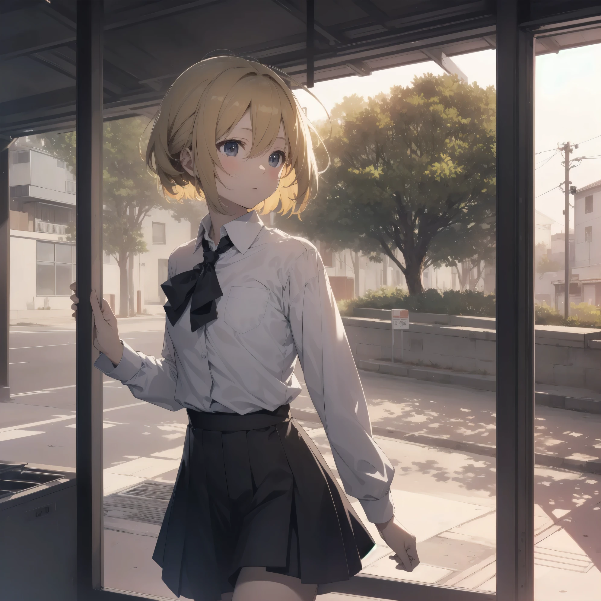 ultra-absurdres-Top quality by artist God, ultra-detailed, high resolution, anime moe artstyle, best anime 8k konachan wallpaper, pixiv contest winner, pool:2810, perfect anatomy,break, 1girl, (Please draw a girl walking sleepily to school alone. )break,(Solo,little female, 13-year-old:1.3),Full limbs, complete fingers,a junior high school student, (very short hair), short cut, flat chest, , small butt, small black eyes, beautiful detailed eyes, well-proportioned iris and pupils, expressive eyes, highres detailed hair, soft expression, school_uniform, school shirt, pleated skirt,(Detailed Lighting), (Detailed background), in the School commute route. break,super detailed skin, Best cinematic lighting powered by famous artist, 8k,beauty illustration,photoshop_(medium),very aesthetic,break,((artist:carnelian )), artist:akinashi yuu ,artist:oyari ashito ,artist:kantoku ,