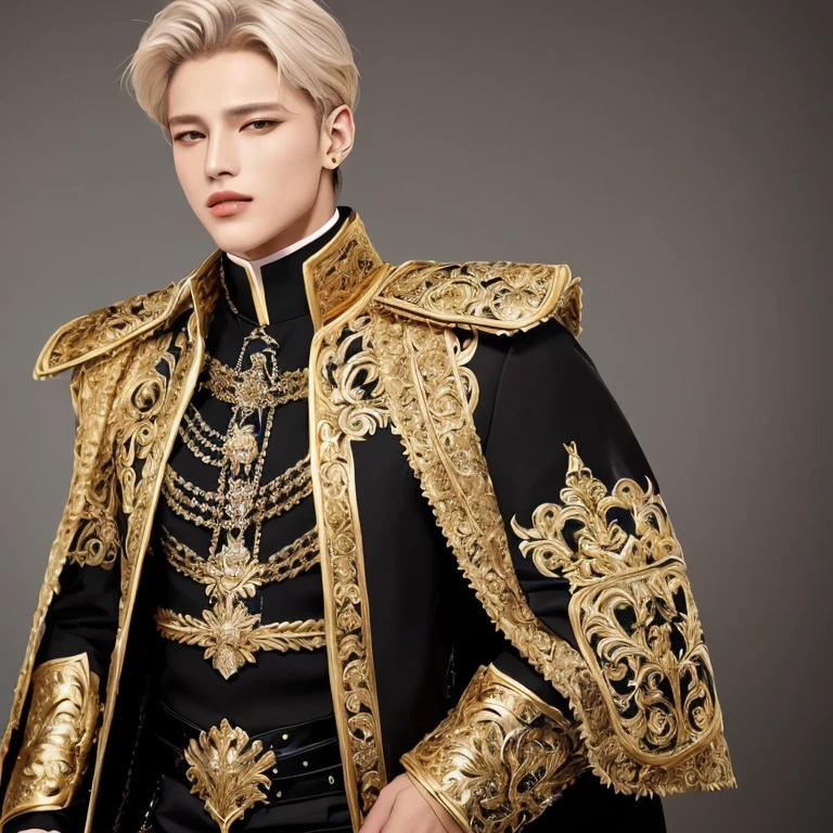 Hombre arafed con un traje negro y dorado posando para una foto., beautiful androgynous prince, portrait of the magical black haired prince, vistiendo un traje noble negro, vistiendo una lujosa capa real, delicate androgynous prince, in dark tunicas with gold accents, handsome prince, tunica. detalles extremadamente altos, vistiendo un traje adornado, renaissance prince, mingi, song mingi, ateez mingi, mingi