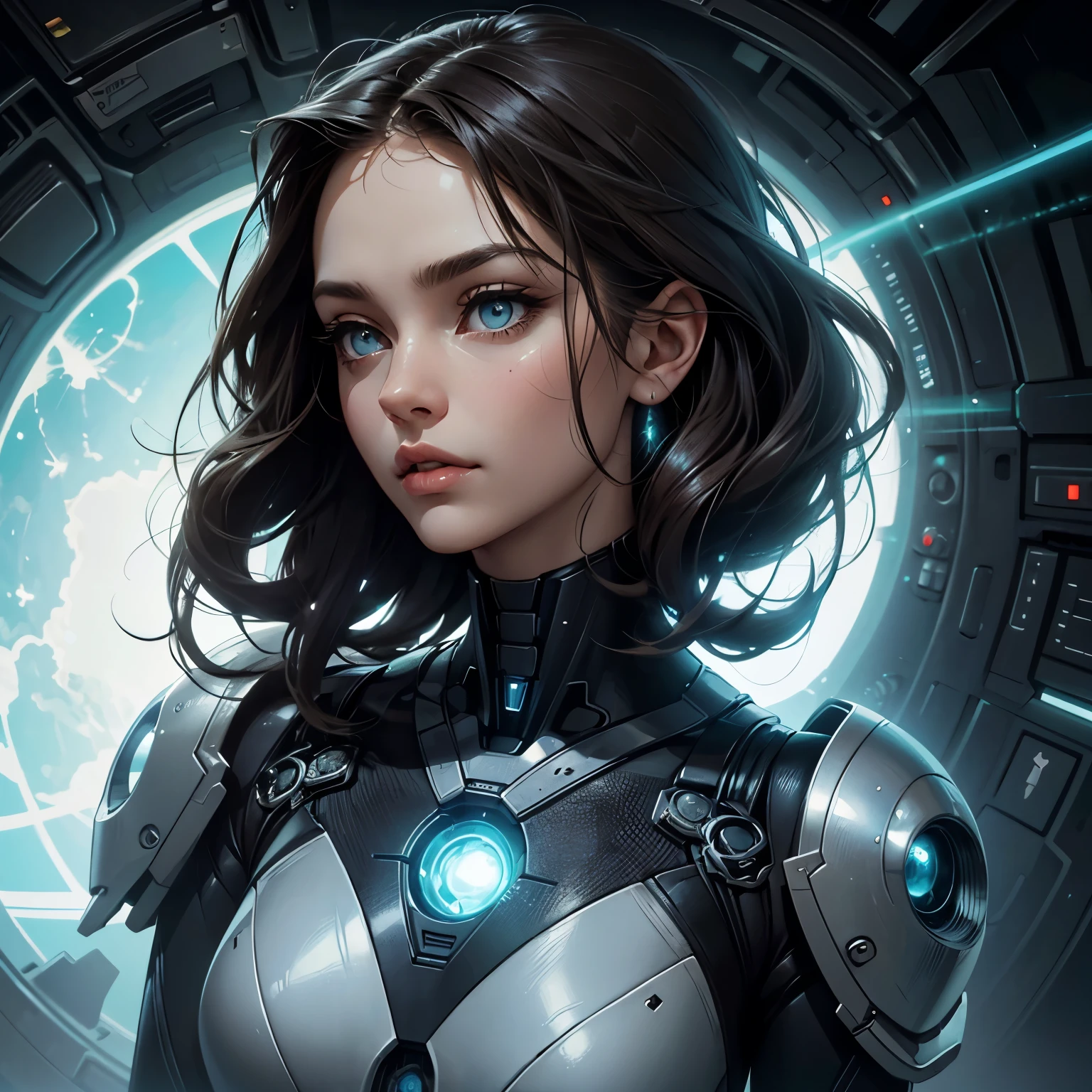 a closeup of a woman with a futuristic body and head, detailed eyes,Beautiful Sci Portrait - Being a Girl, Sci-Be Digital Art, Futuristic Digital Art, Beautiful Digital Art, Cyborg Goddess in the Cosmos, Highly Detailed Digital Art in 4k, WLOP. Scifi, 4K Digital Art, inspired by Marek Okon, 8 0's tomasz style alen kopera