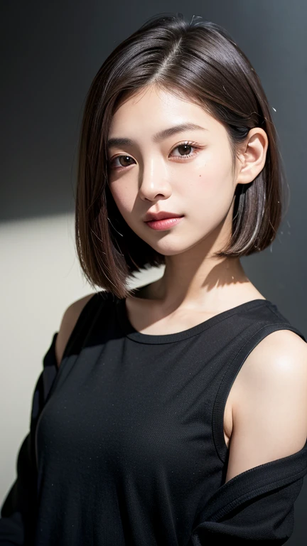 (((Close-up of face)))、(((Absolutely shoulder-length brown straight short bob)))、(((She is posing like a hair salon model, with a black wall indoors as the background.)))、(((Casual black winter long sleeves with shoulders covered)))、Half Japanese, half Korean、18 year old girl、Standing Alone、Looking forward、Light eye makeup、Brown Hair Color、Flat and 、Hair blowing in the wind、Actress Quality、Glossy, ultra-realistic face、Smiling face、Watery eyes、Gazing Up、Subtle lighting effects、 Ultra-Realistic Capture、Very detailed、High resolution 16K close up of human skin。Skin texture must be natural、The details must be such that pores can be clearly seen、The skin is healthy、Uniform tone、Use natural light and colors、A worn-out, high-quality photo taken by a model agency's in-house photographer.、smile、(((SIGMA 300 mm F/1.4,1/1000 sec shutter,ISO 400)))