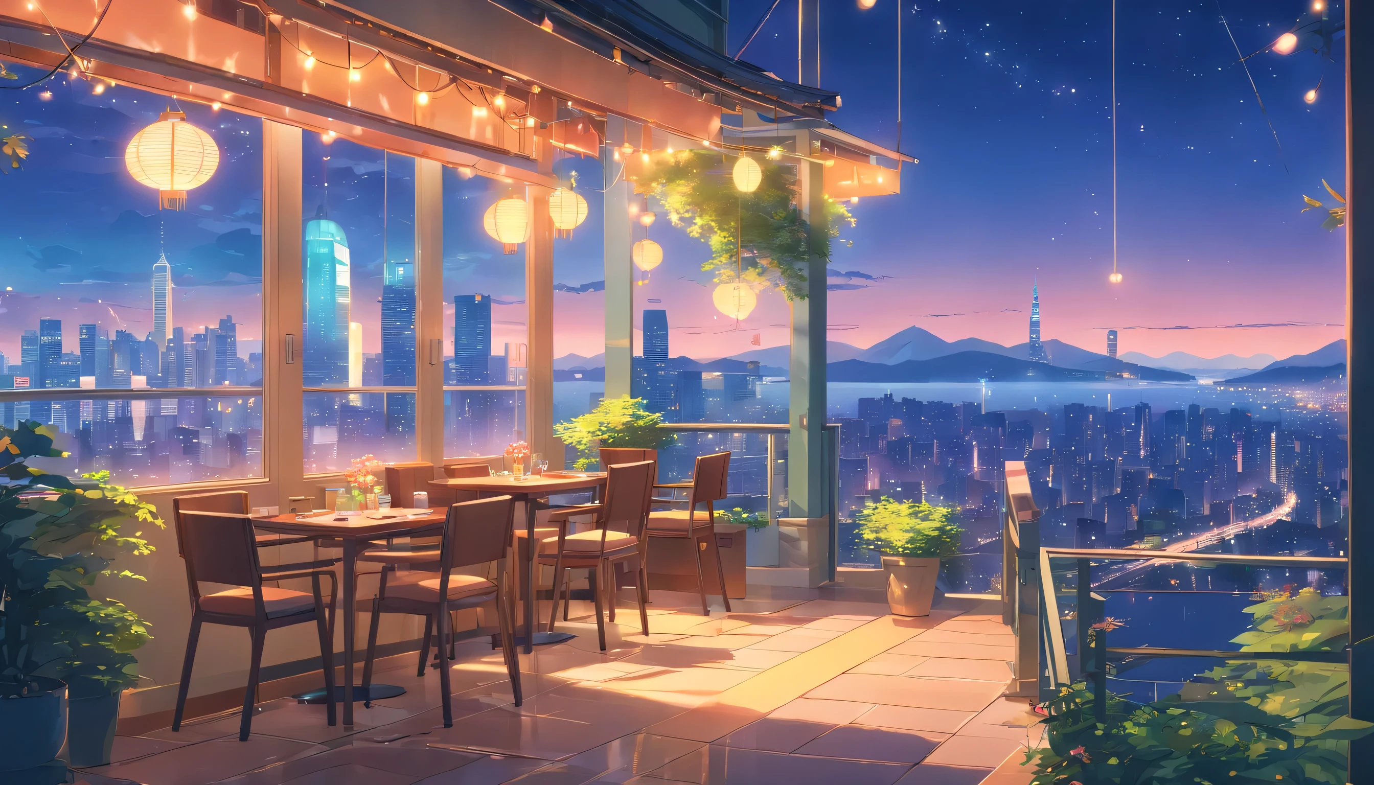 (best quality,4k,8k,highres,masterpiece:1.2),ultra-detailed,(realistic,photorealistic,photo-realistic:1.37),Lofi,Tranquility,Terrace,anime-style,city pop, dreamy colors,soft lighting,serene atmosphere,relaxing vibes,cozy ambiance,greenery,lovely flowers,peaceful setting,colorful sky,calm breeze,harmony and balance,distant skyscrapers,vintage aesthetics,nostalgic vibes,celestial stars,blissful moment,warm and inviting,romantic presence,harmonious soundscape,serenity in motion,ethereal beauty,dream-like landscape,string lights,gentle melodies,smooth vibes,feeling of euphoria,retro ambiance,tranquil escape,melancholic serenade,vibrant cityscape,ethereal dreams,utopian scenery,Lofi beats,summer nostalgia,hidden gem,utmost tranquility,unexpected encounters with nature