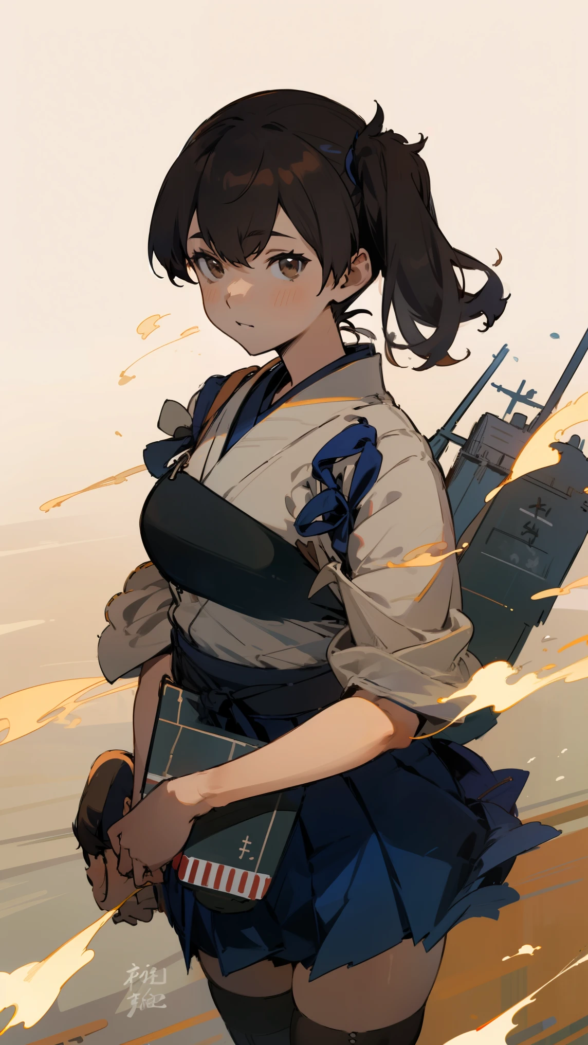 (masterpiece, highest quality) detailed, kaga (kancolle), {{kaga kai ni (kancolle)}}, side ponytail, brown eyes, black long hair, black thighhighs, short skirt, hakama skirt, japanese clothes, , blue hakama, hakama, muneate, tasuki, whole body,Chinese element pattern，thigh, 