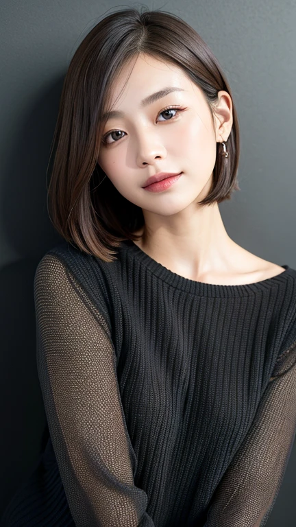 (((Close-up of face)))、(((Absolutely shoulder-length brown straight short bob)))、(((She is posing like a hair salon model, with a black wall indoors as the background.)))、(((Casual black winter long sleeves with shoulders covered)))、Half Japanese, half Korean、18 year old girl、Standing Alone、Looking forward、Light eye makeup、Brown Hair Color、Flat and 、Hair blowing in the wind、Actress Quality、Glossy, ultra-realistic face、Smiling face、Watery eyes、Gazing Up、Subtle lighting effects、 Ultra-Realistic Capture、Very detailed、High resolution 16K close up of human skin。Skin texture must be natural、The details must be such that pores can be clearly seen、The skin is healthy、Uniform tone、Use natural light and colors、A worn-out, high-quality photo taken by a model agency&#39;s in-house photographer.、smile、(((SIGMA 300 mm F/1.4,1/1000 sec shutter,ISO 400))) 