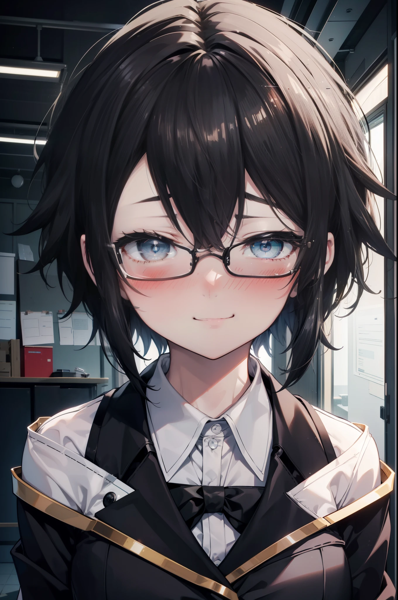 Shino Asada, Shino Asada, (black eye:1.5), Black Hair, Hair between the eyes, Hair Ribbon, short hair, Side Lock, Black-rimmed glasses, Medium-sized bust office lady, Black suit jacket, Collared jacket, White dress shirt, Collared shirt, Neckline, button, Black pencil skirt, Black pantyhose, Stiletto heels,happy smile, smile, Open your mouth, smile,blush,charm, whole bodyがイラストに入るように,morning,morning陽,The sun is rising,
break looking at viewer,whole body,crowd, people々々,
break indoors, office,
break (masterpiece:1.2), highest quality, High resolution, unity 8k wallpaper, (shape:0.8), (Fine and beautiful eyes:1.6), Highly detailed face, Perfect lighting, Highly detailed CG, (Perfect hands, Perfect Anatomy),
