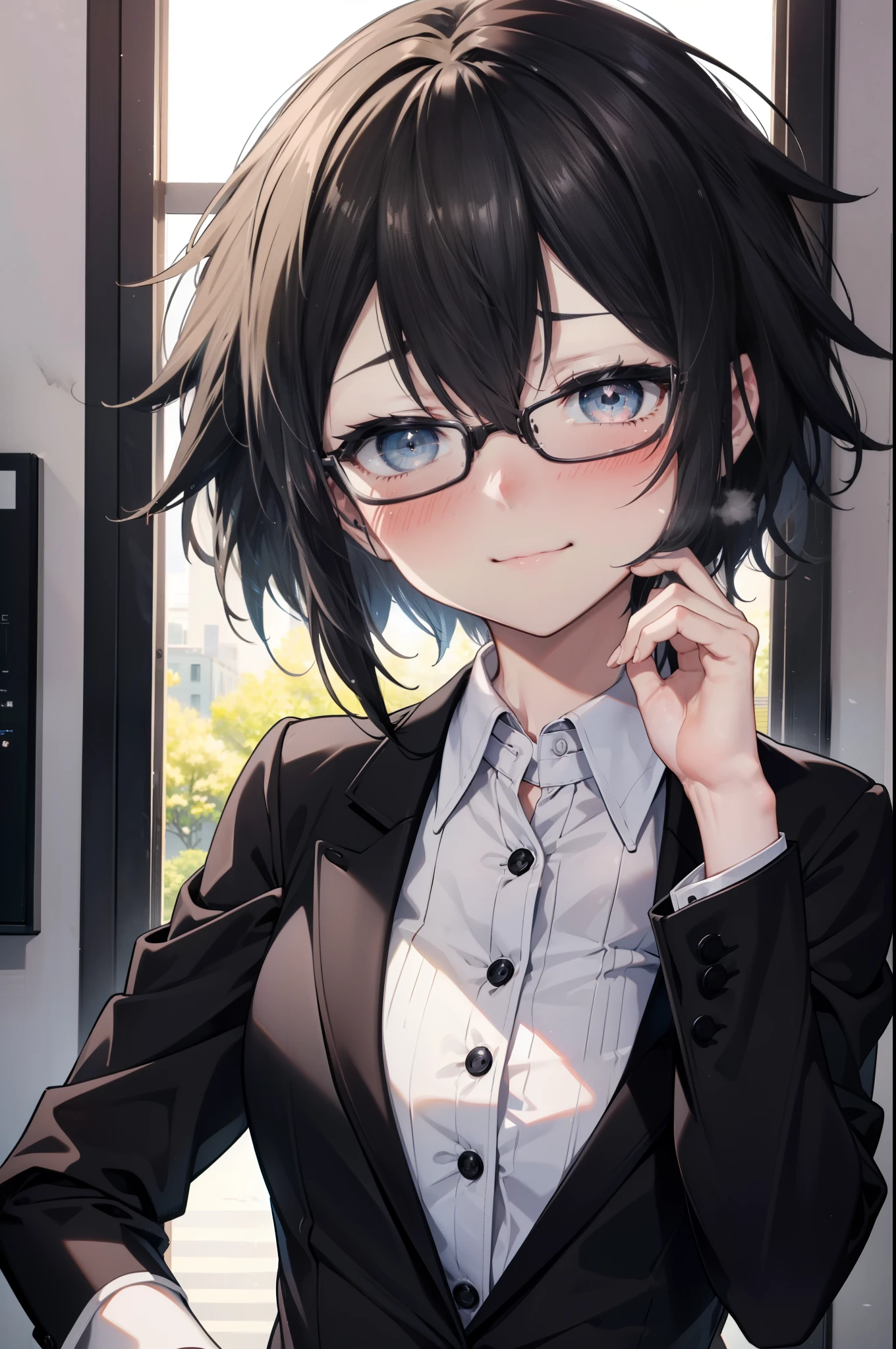 Shino Asada, Shino Asada, (black eye:1.5), Black Hair, Hair between the eyes, Hair Ribbon, short hair, Side Lock, Black-rimmed glasses, Medium-sized bust office lady, Black suit jacket, Collared jacket, White dress shirt, Collared shirt, Neckline, button, Black pencil skirt, Black pantyhose, Stiletto heels,happy smile, smile, Open your mouth, smile,blush,charm, whole bodyがイラストに入るように,morning,morning陽,The sun is rising,
break looking at viewer,whole body,crowd, people々々,
break indoors, office,
break (masterpiece:1.2), highest quality, High resolution, unity 8k wallpaper, (shape:0.8), (Fine and beautiful eyes:1.6), Highly detailed face, Perfect lighting, Highly detailed CG, (Perfect hands, Perfect Anatomy),