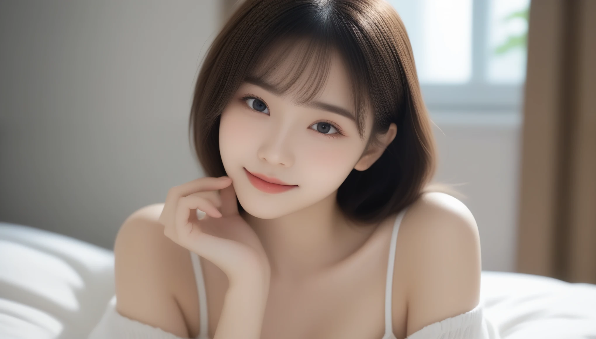 8K, Ultra-high resolution, highest quality, masterpiece, Surreal, photograph, 1 girl, (:1.3), pretty girl, Cute face, Beautiful eyes in every detail,masterpiece, (Masseter muscle area:1.2、highest quality)、(Real Photography、複雑なdetailed)、solo、1、Home、Face close-up、shirt、(Front Focus)、look at me、Bangs Morning Coffee、kind、Bright smile、Long round face,((Spread your thighs))、Sexy pose、See through 、Look at the audience、beauty,Long neck、Smile a little、Please close your mouth and laugh、(((Ideal body proportions))),A cup small breasts :2,、Portraiture:2、Perfect Anatomy、Vivid details、detailed、Surreal、Light and shadow,Strong light,Fashion magazine cover,Thin lips