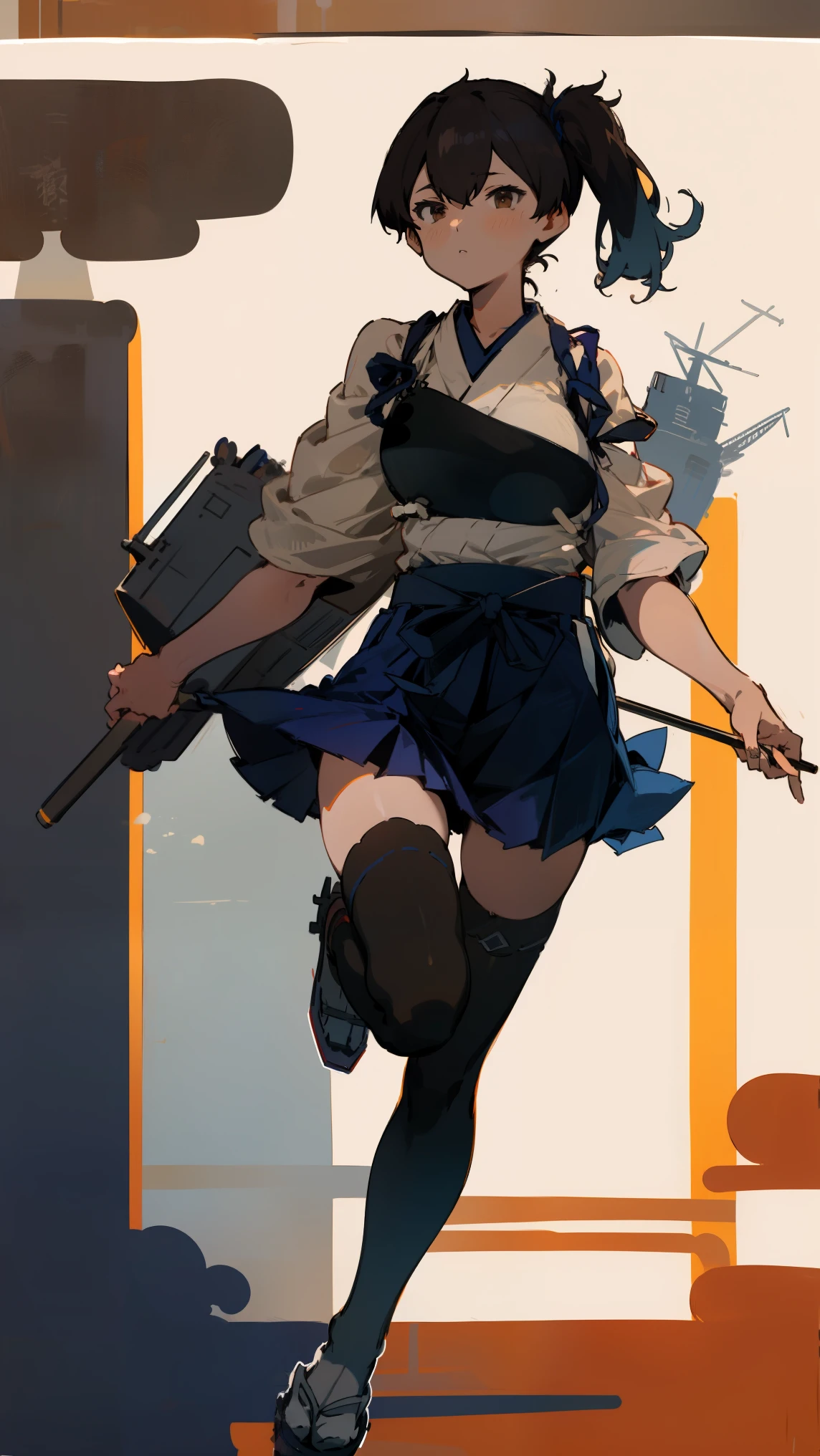 (masterpiece, highest quality) detailed, kaga (kancolle), {{kaga kai ni (kancolle)}}, side ponytail, brown eyes, black long hair, black thighhighs, short skirt, hakama skirt, japanese clothes, , blue hakama, hakama, muneate, tasuki, whole body,Chinese element pattern，thigh,  Japanese bow