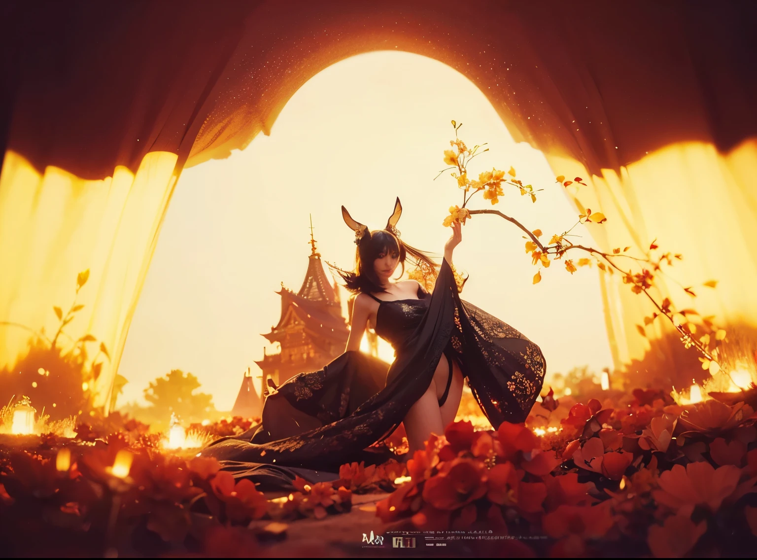 (Best quality, 8k, 32k, Masterpiece, UHD:1.2) "Generate a captivating artwork featuring a young Japanese girl model with short, sleek black hair styled in a chic bob haircut. Envision her bathed in dramatic cinematic lighting, creating an atmosphere of allure and mystery. Emphasize a romantic aesthetic vibe, showcasing the model in a poised and elegant pose that evokes a sense of intimacy and sophistication. Utilize warm and soft tones to enhance the romantic ambiance, and consider incorporating elements like flowing fabrics or flowers to add a touch of ethereal beauty. Capture the essence of romance and beauty through the model's expression, the play of light and shadows, and the overall aesthetic, creating a visually compelling and emotionally resonant piece." (perfect eyes), flawless skin, flawless face, cinematic, tight body, ((well-proportion female hands)), ((female hands with five digits)) ((Body is well proportioned)), ((chic bob haircut)), soft focus ((Short Black Hair)),