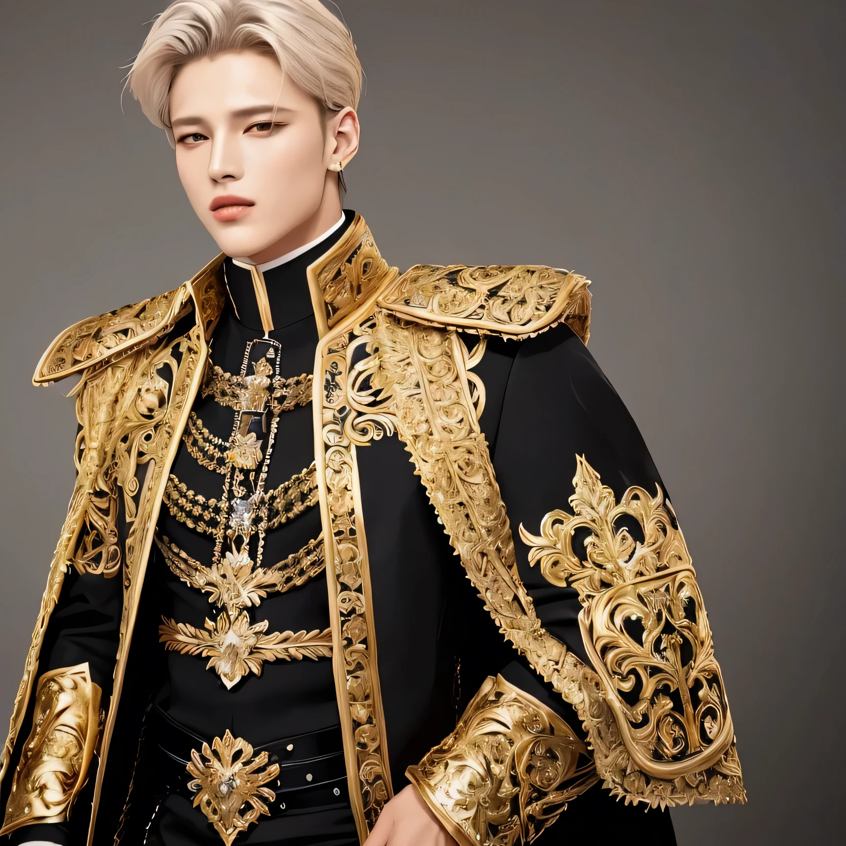 Hombre arafed con un traje negro y dorado posando para una foto., beautiful androgynous prince, portrait of the magical black haired prince, vistiendo un traje noble negro, vistiendo una lujosa capa real, delicate androgynous prince, in dark tunicas with gold accents, handsome prince, tunica. detalles extremadamente altos, vistiendo un traje adornado, renaissance prince, mingi, song mingi, ateez mingi, mingi