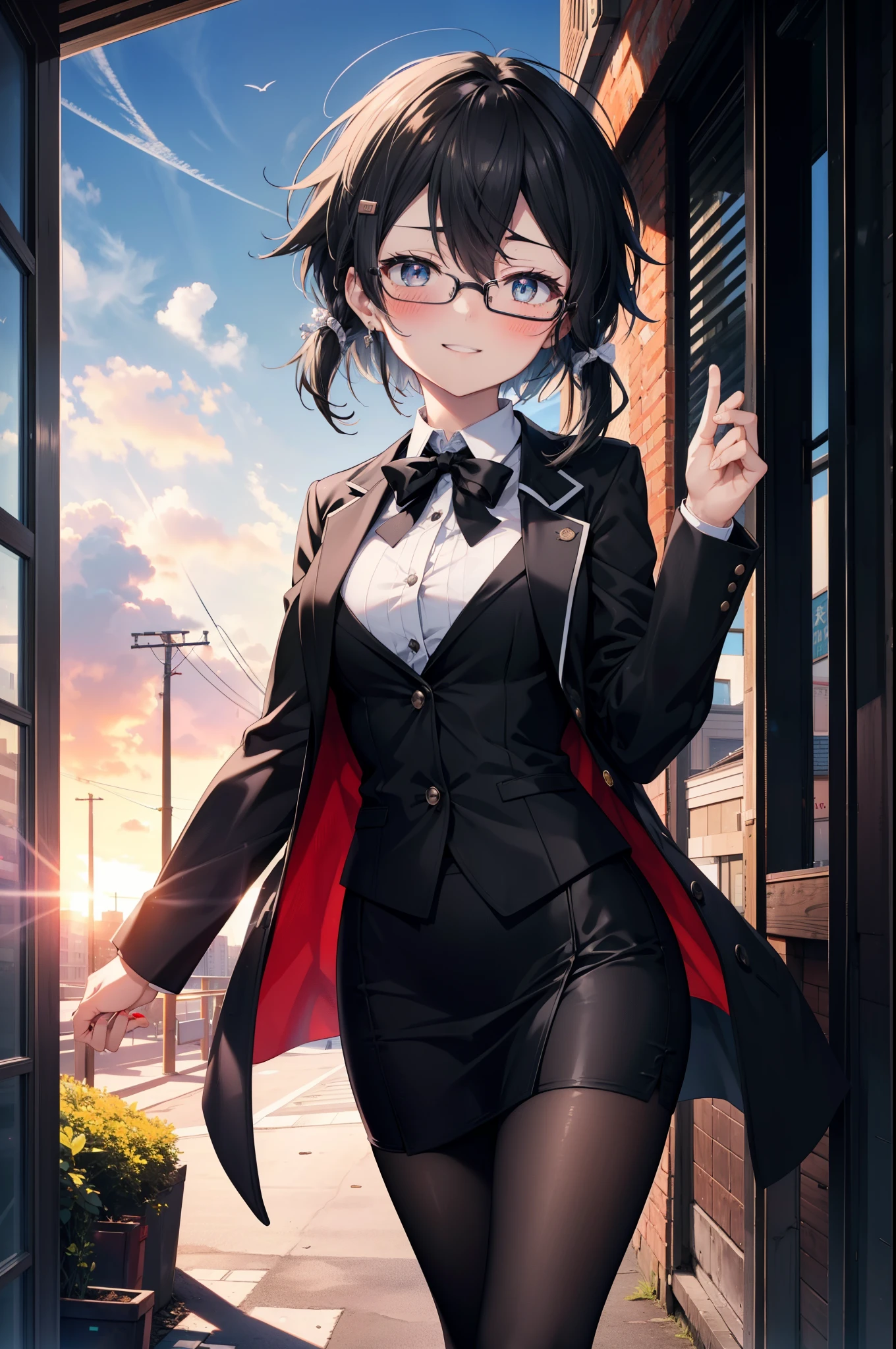 Shino Asada, Shino Asada, (black eye:1.5), Black Hair, Hair between the eyes, Hair Ribbon, short hair, Side Lock, Black-rimmed glasses, Medium-sized bust office lady, Black suit jacket, Collared jacket, White dress shirt, Collared shirt, Neckline, button, Black pencil skirt, Black pantyhose, Stiletto heels,happy smile, smile, Open your mouth, smile,blush,charm, whole bodyがイラストに入るように,morning,morning陽,The sun is rising,Walking,
break looking at viewer,whole body,crowd, people々々,
break outdoors, In town,Building district,
break (masterpiece:1.2), highest quality, High resolution, unity 8k wallpaper, (shape:0.8), (Fine and beautiful eyes:1.6), Highly detailed face, Perfect lighting, Highly detailed CG, (Perfect hands, Perfect Anatomy),