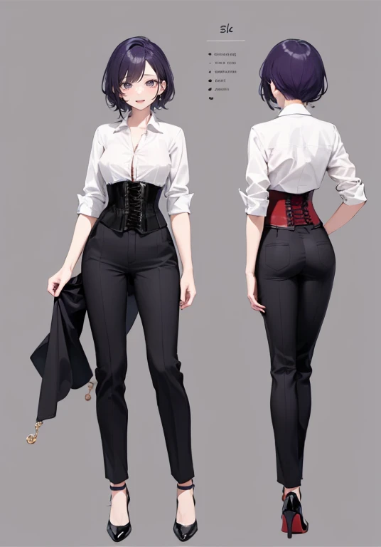 Purple hair,short hair,Adult female,(bartender),((Roll up your shirt sleeves)),(corset),(slacks),(High heels),((Simple Background)),smile,((whole body)),((full body)),Character Sheet,
