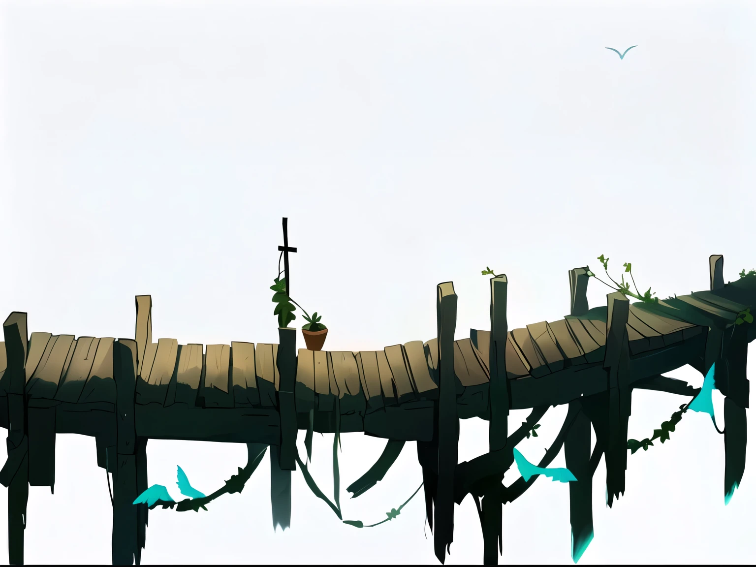 there is a wooden bridge with many stakes on it, painted as a game arte conceitual, indie game arte conceitual, 2d arte conceitual, arte conceitual for a video game, arte estilizada muito coerente, stylized arte conceitual, conceito de meio ambiente, scenery game arte conceitual, game arte conceitual, conceito de jogo, arte conceitual, arte conceitual, environment arte conceitual, vines and roots